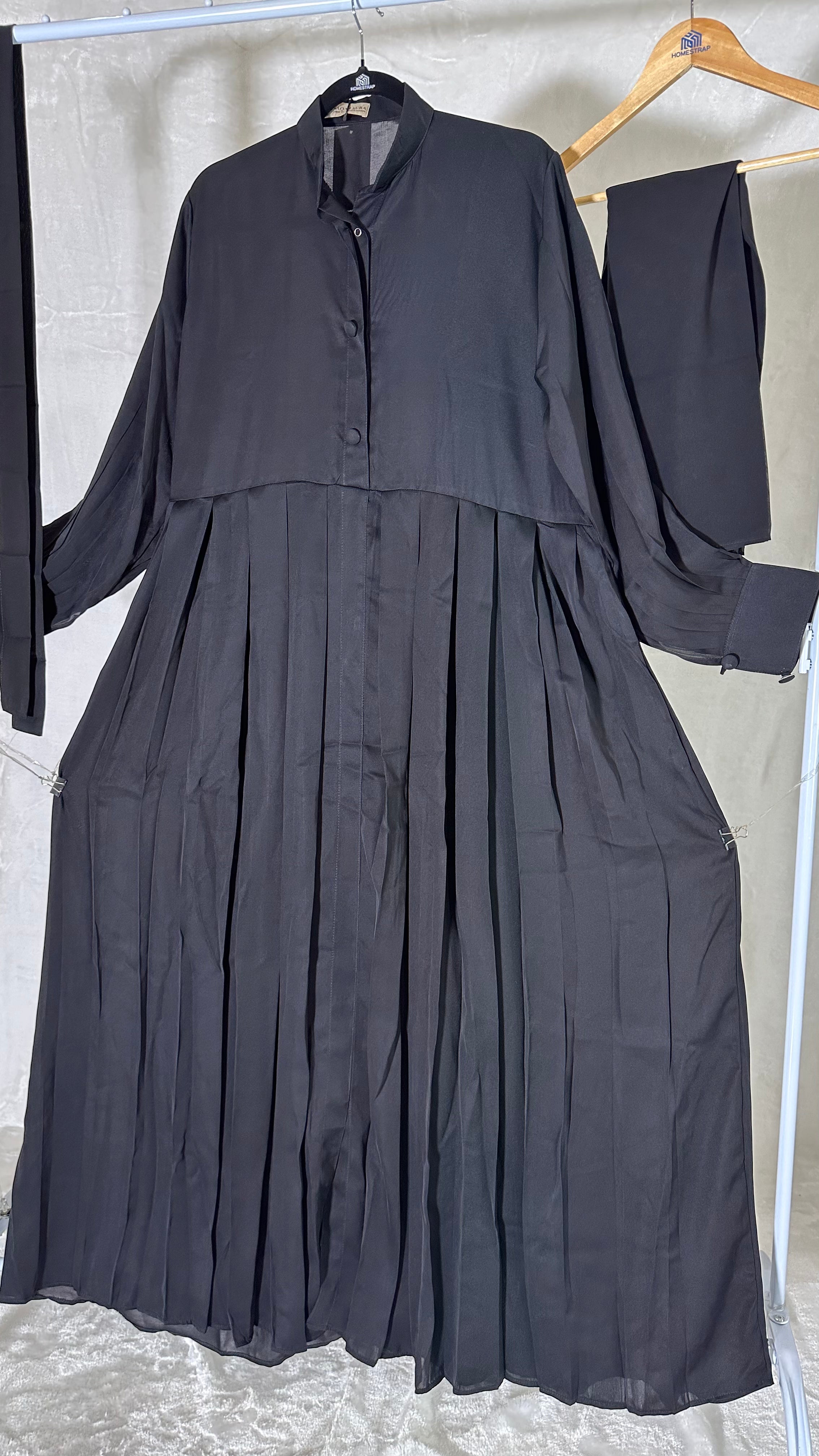 Black Pleated Button Abaya – Elegant Modest Wear | Indian Made