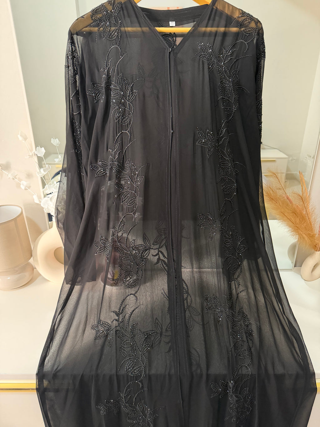Black Rhinestone Floral Embroidery Abaya