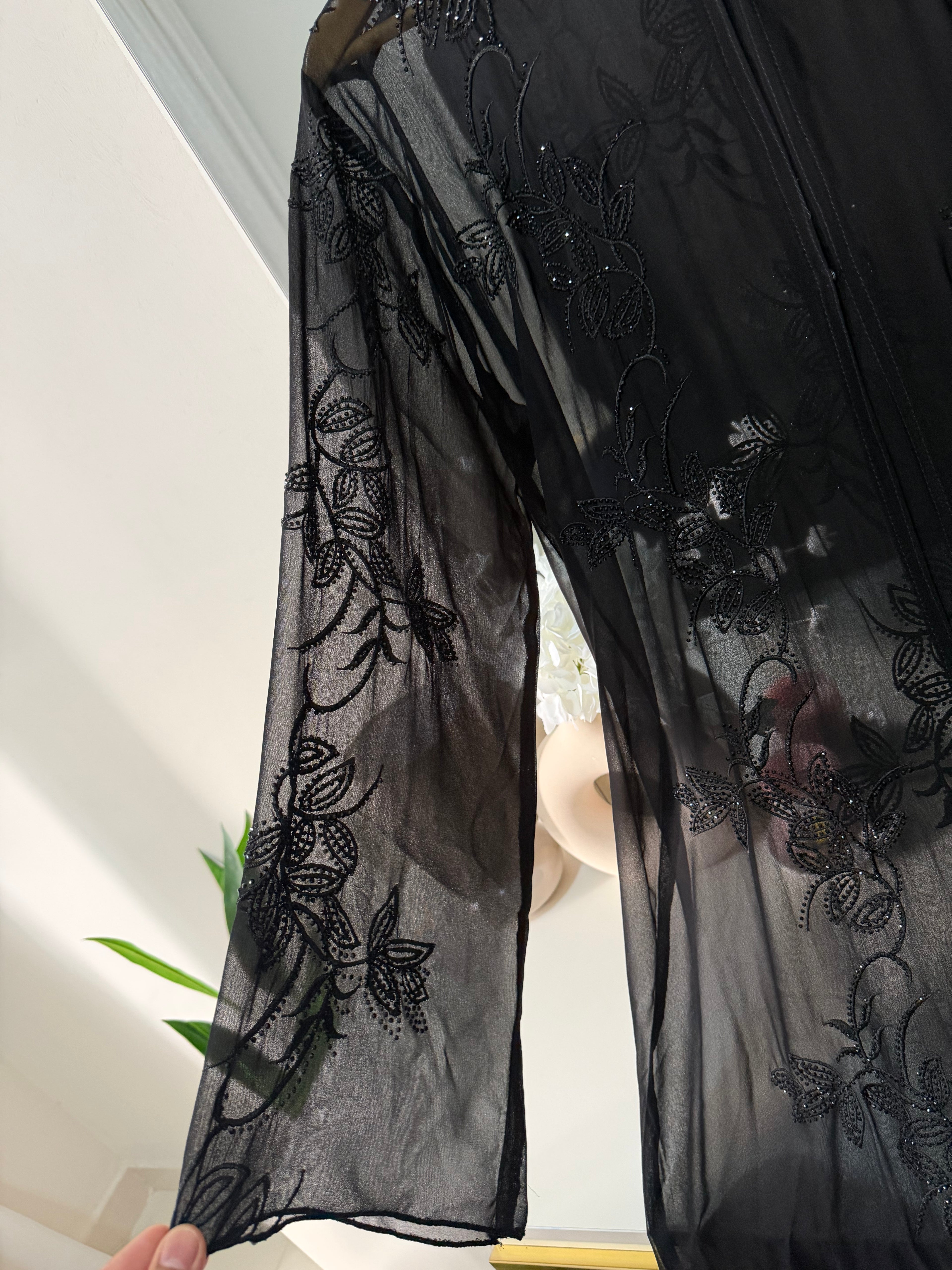 Black Rhinestone Floral Embroidery Abaya