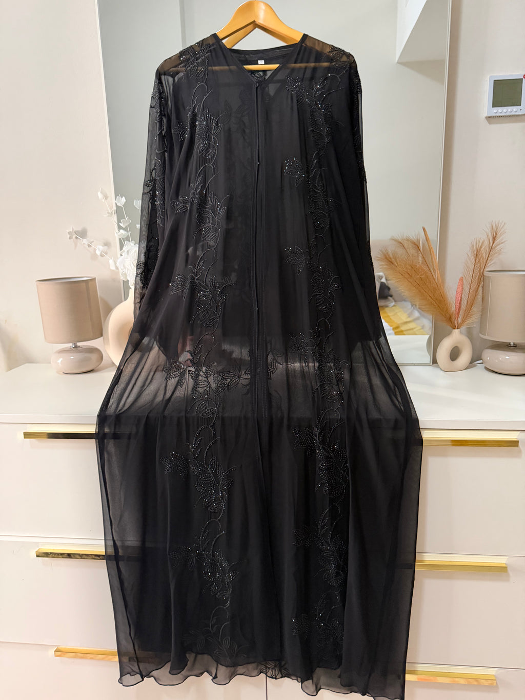 Black Rhinestone Floral Embroidery Abaya