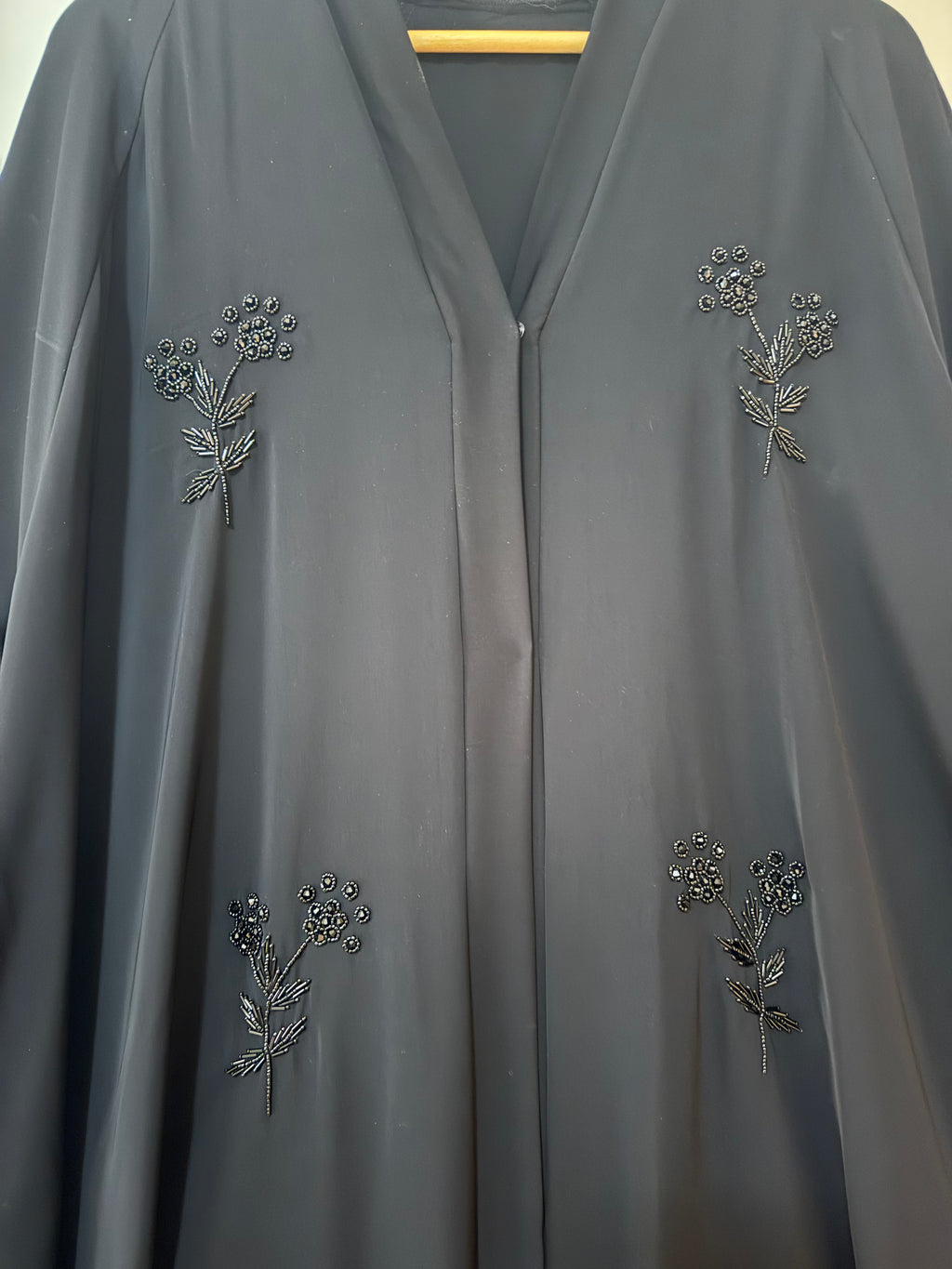 Premium Black Beaded Floral Handwork Abaya – Full Flare Korean Nida – Front Open