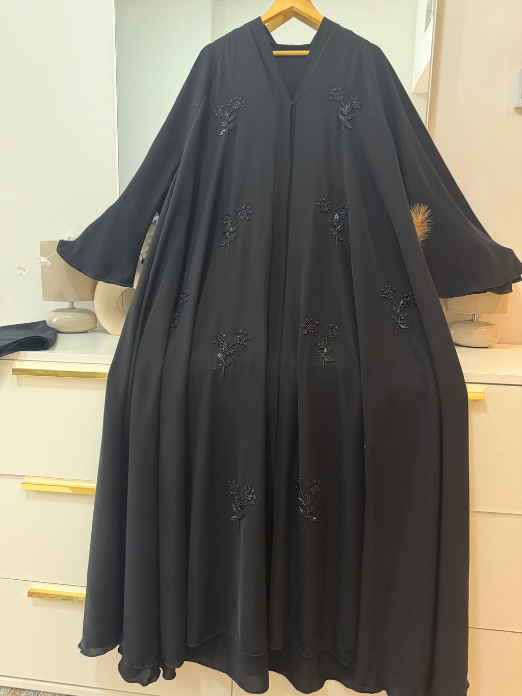 Premium Black Beaded Floral Handwork Abaya – Full Flare Korean Nida – Front Open