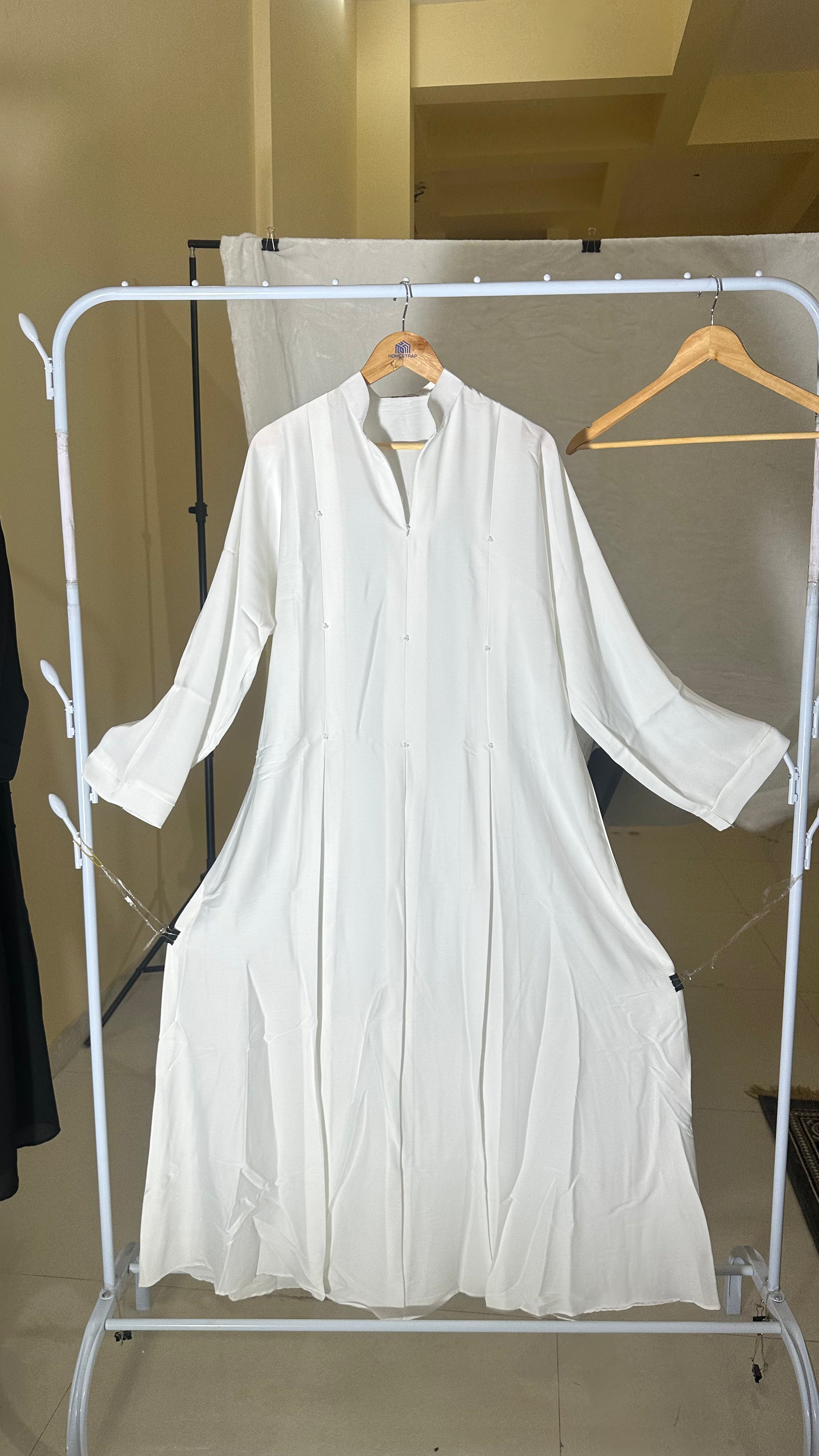 Elegant White Haj/Umrah Abaya with Minimal Bead Handwork – Imported Nida (Indian Made)