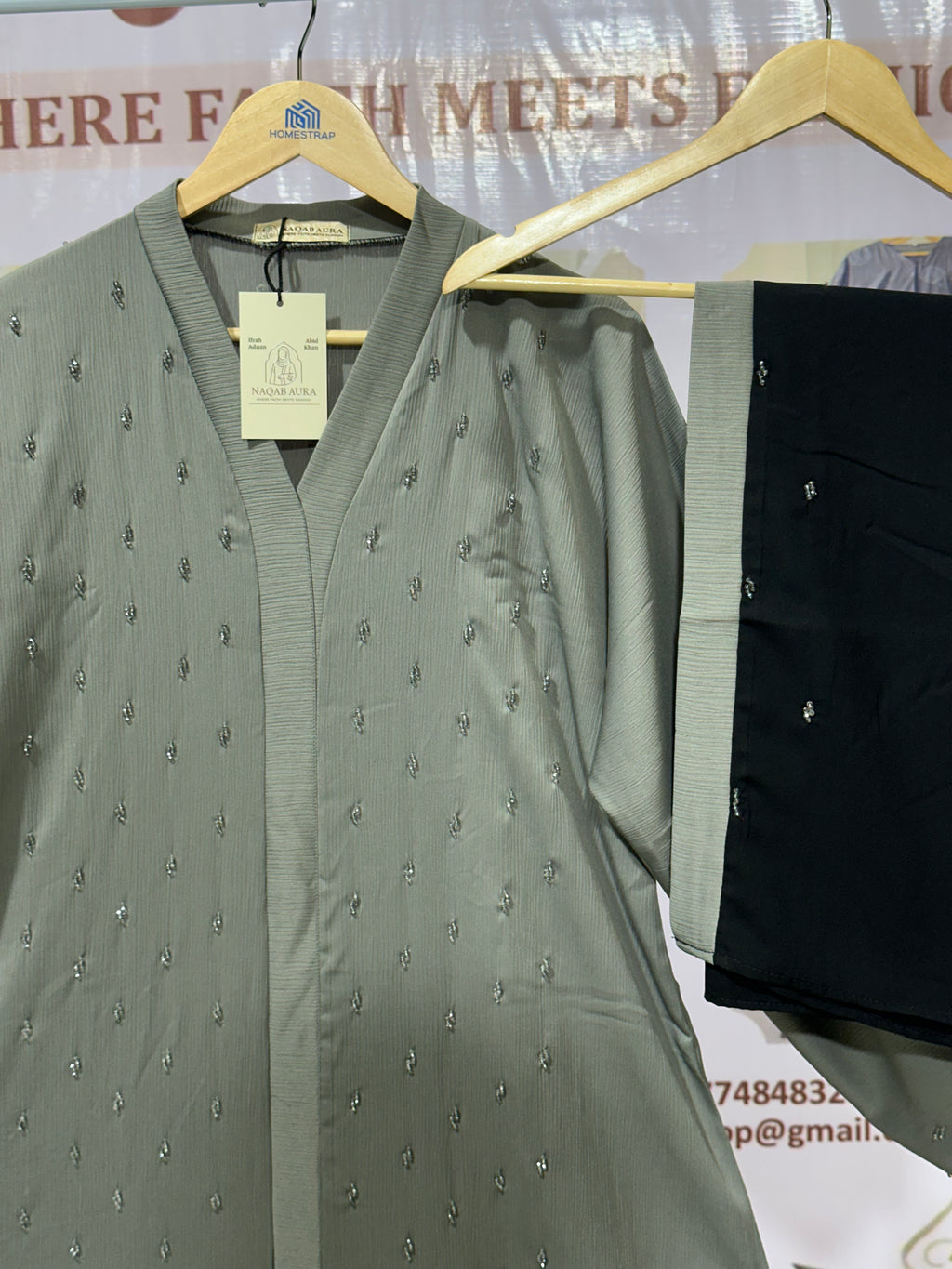 Grey Embellished Abaya – Elegant Modest Wear | Indian Made