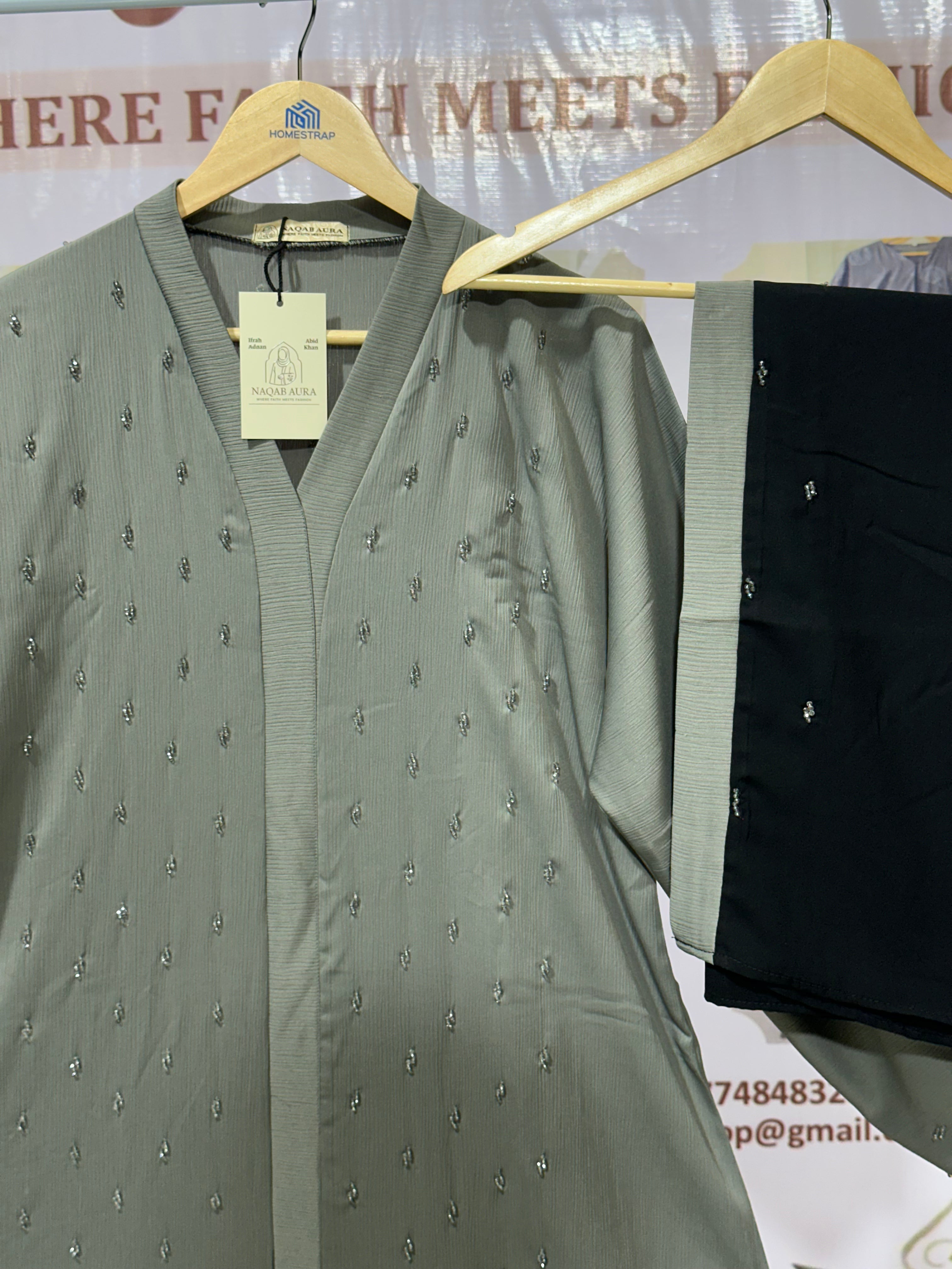 Grey Embellished Abaya – Elegant Modest Wear | Indian Made