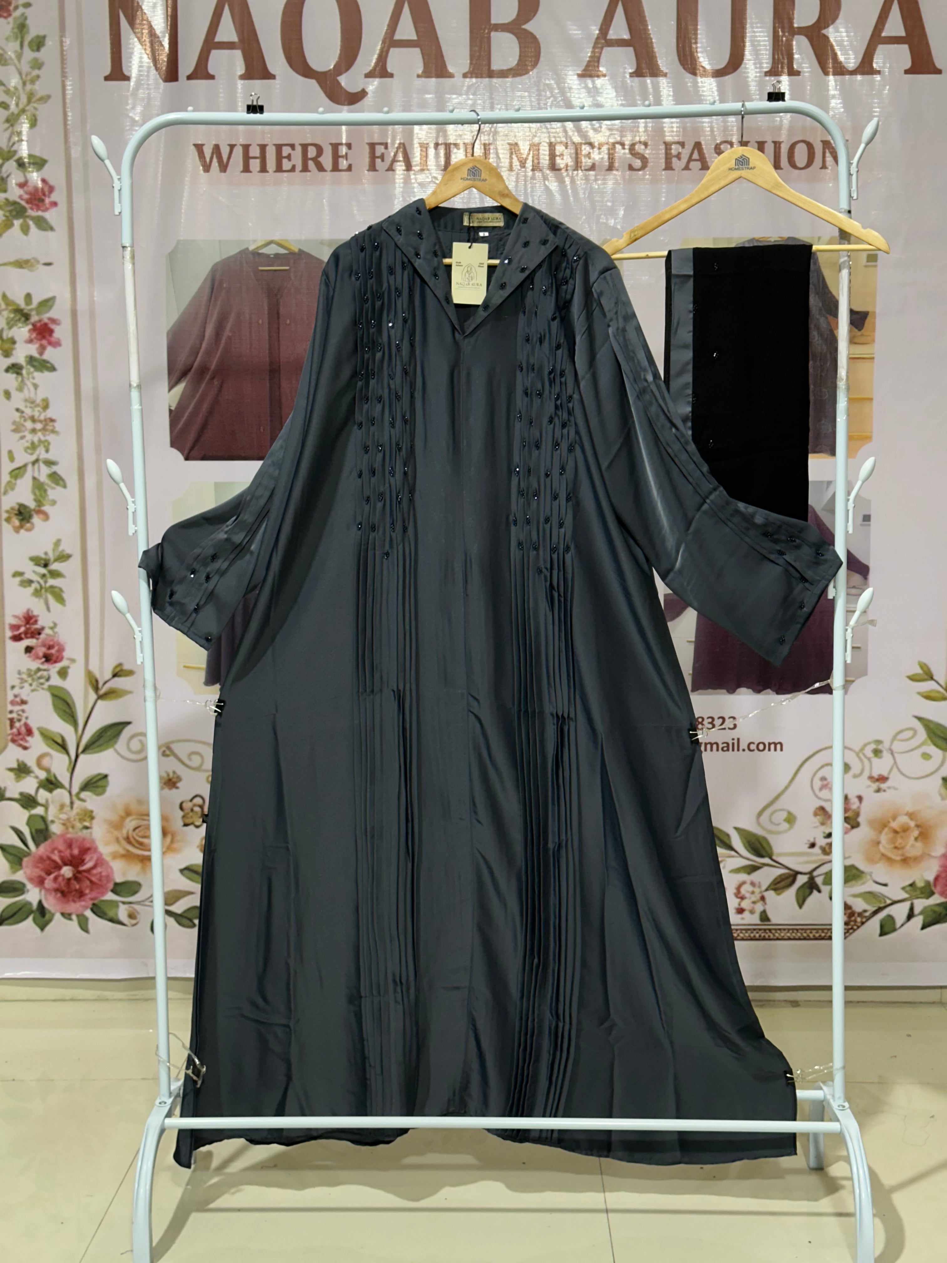 Grey Pleated Embellished Abaya – Elegant Modest Wear | Indian Made
