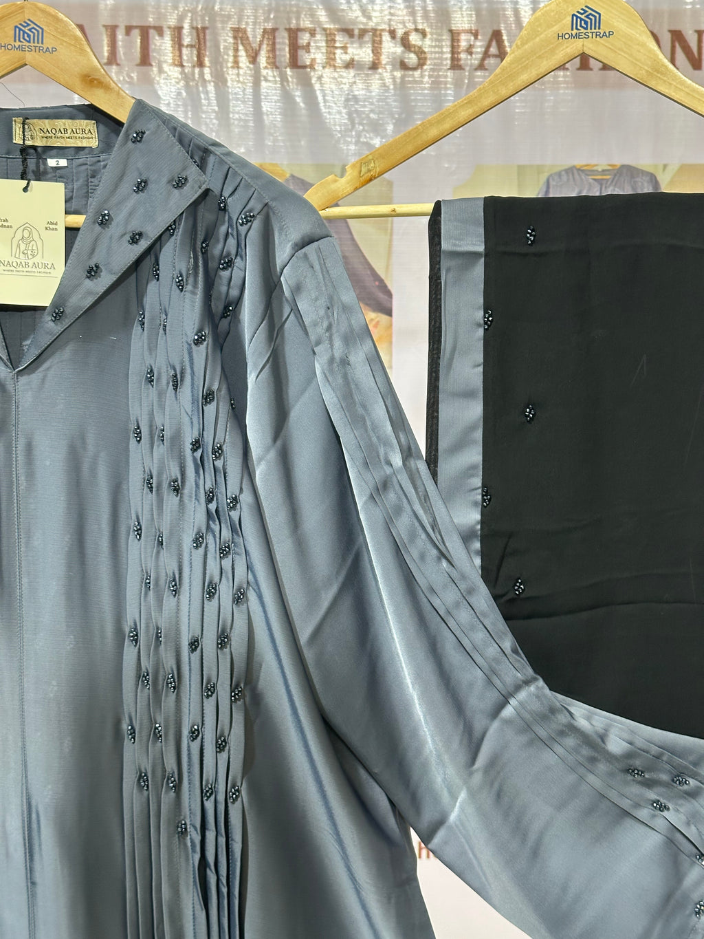 Grey Pleated Embellished Abaya – Elegant Modest Wear | Indian Made