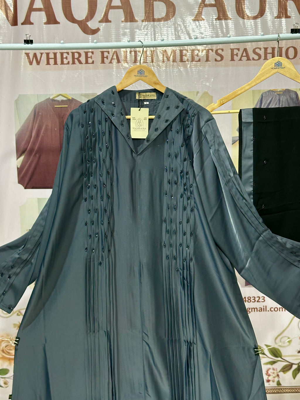 Grey Pleated Embellished Abaya – Elegant Modest Wear | Indian Made