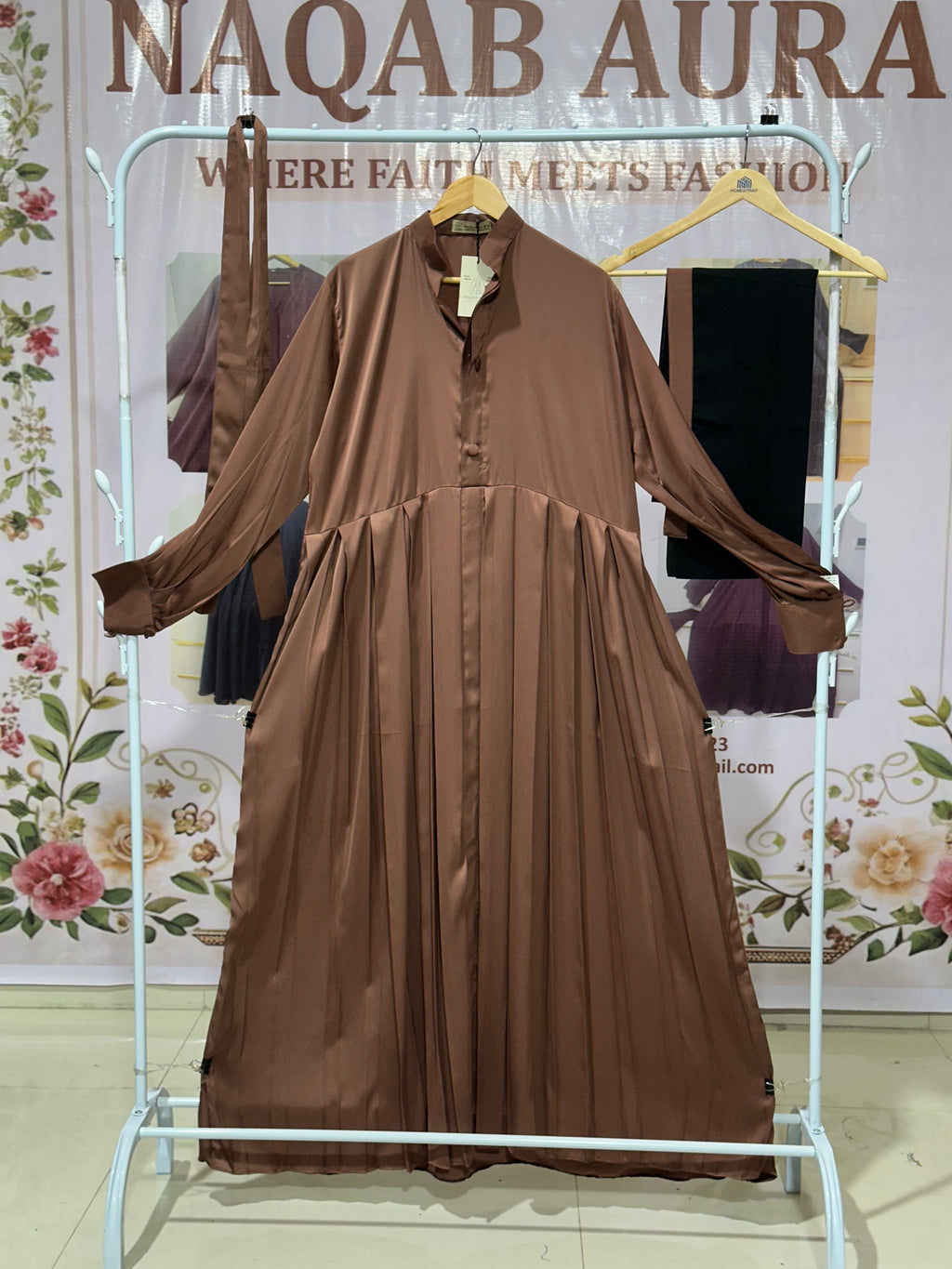 Brown Pleated Button Abaya – Elegant Modest Wear | Indian Made