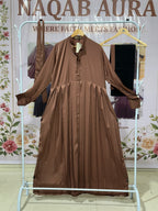 Brown Pleated Button Abaya – Elegant Modest Wear | Indian Made