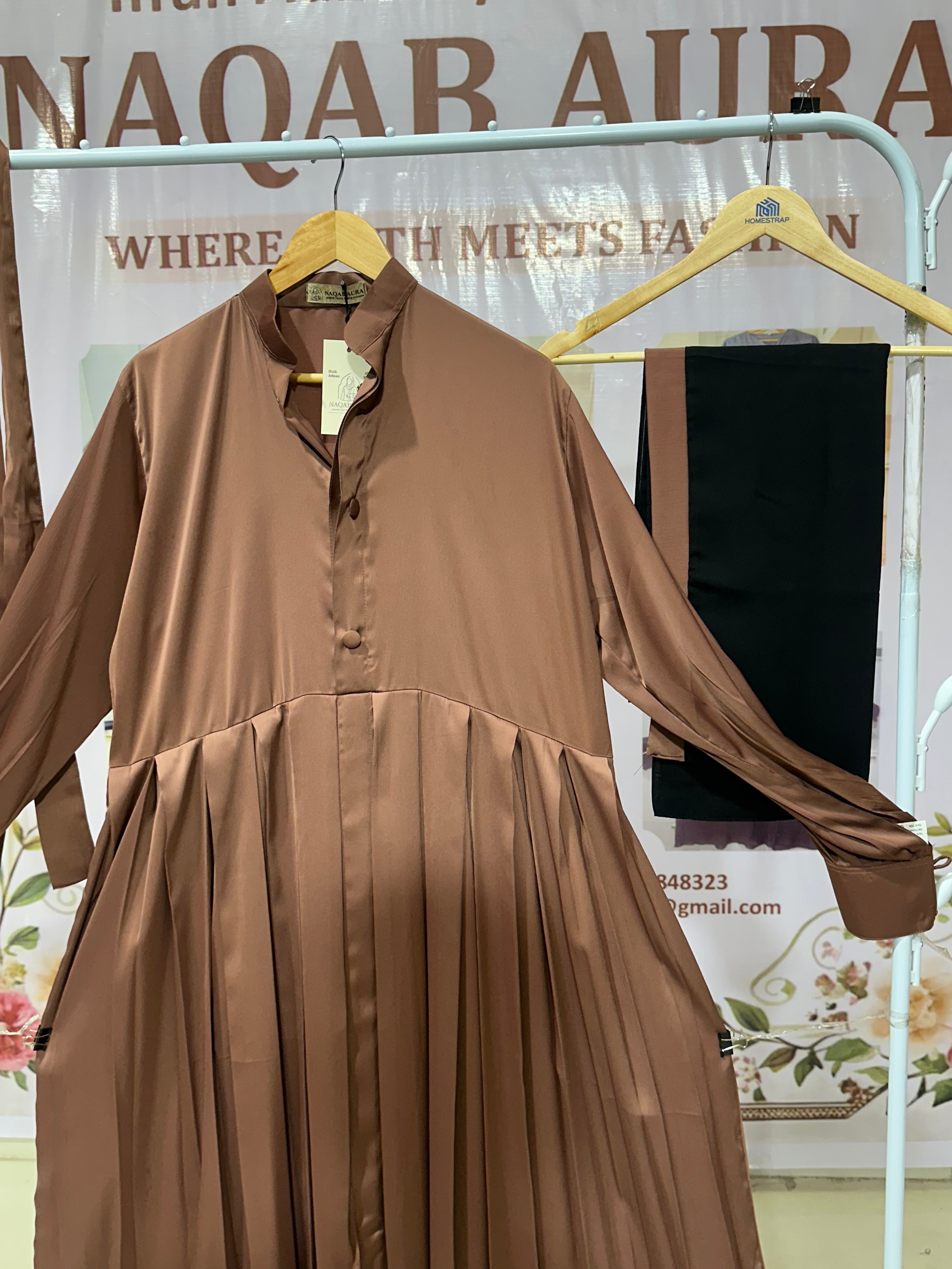 Brown Pleated Button Abaya – Elegant Modest Wear | Indian Made