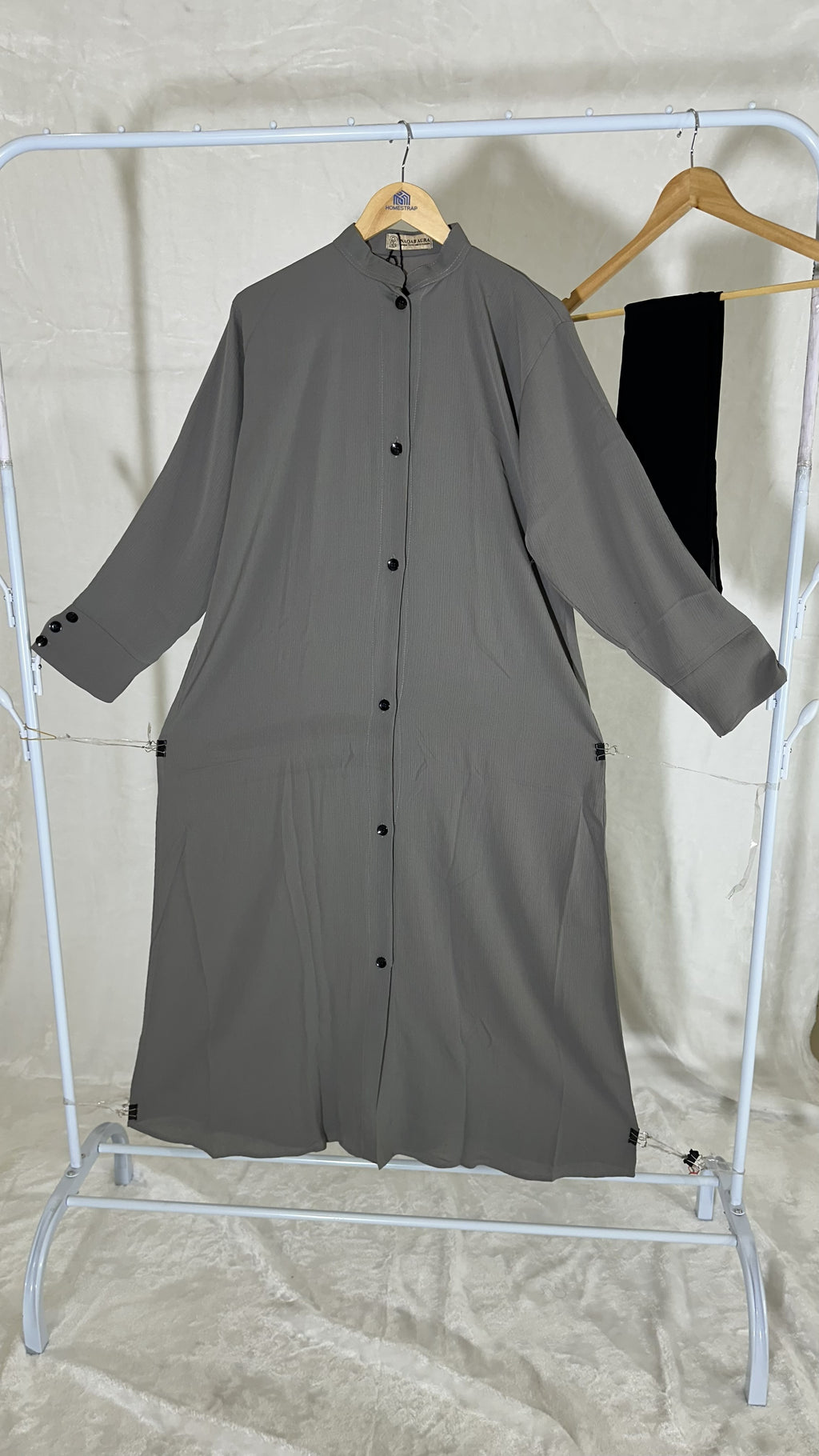 Grey Front Button Abaya – Zoom Fabric with Black Dupatta (Indian Made)