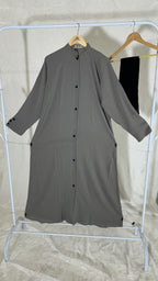 Grey Front Button Abaya – Zoom Fabric with Black Dupatta (Indian Made)