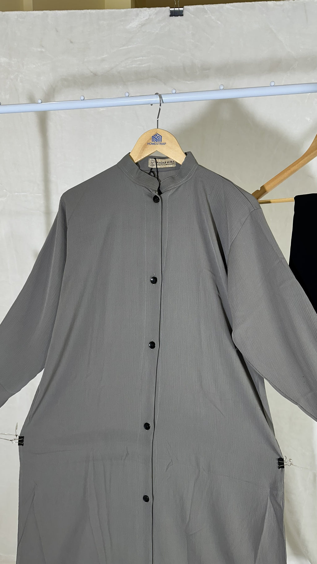 Grey Front Button Abaya – Zoom Fabric with Black Dupatta (Indian Made)