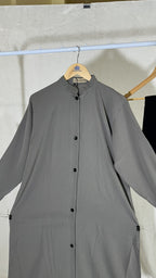 Grey Front Button Abaya – Zoom Fabric with Black Dupatta (Indian Made)