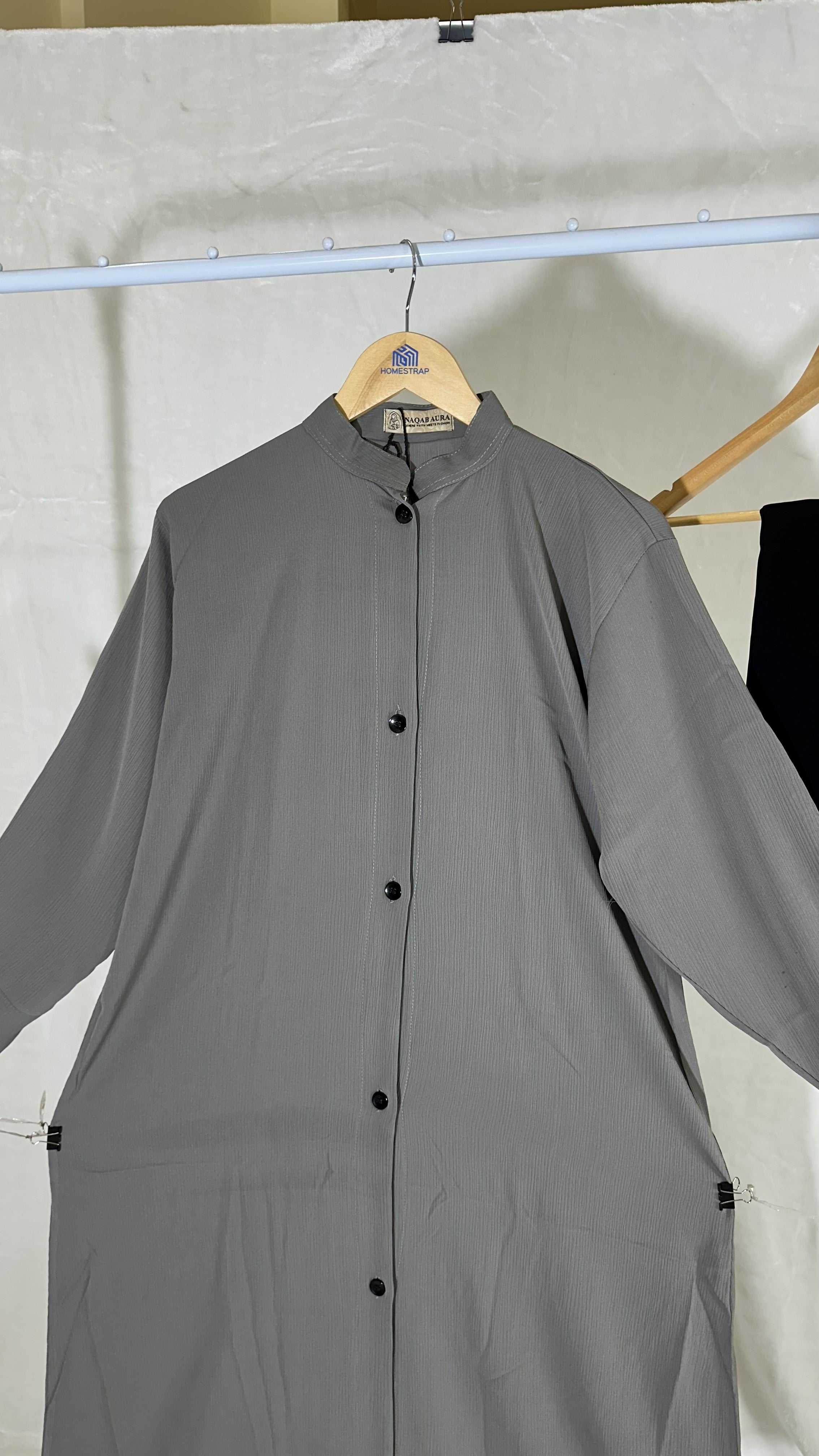 Grey Front Button Abaya – Zoom Fabric with Black Dupatta (Indian Made)