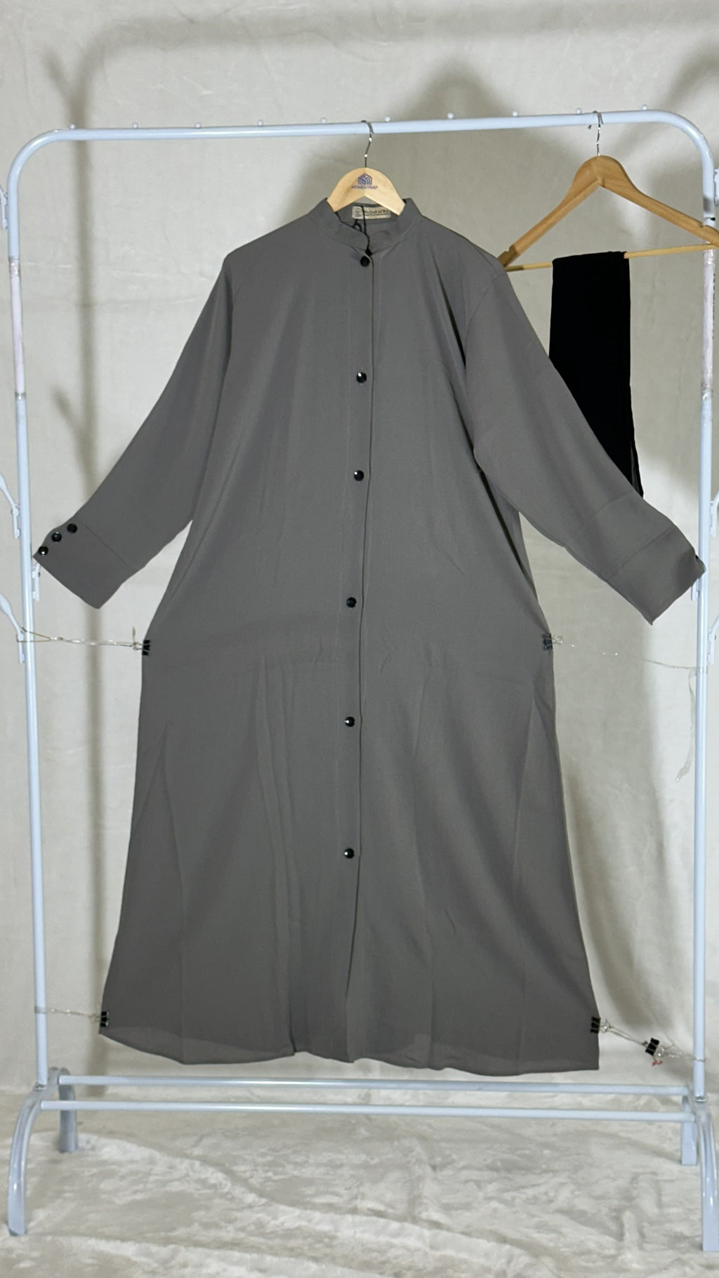 Grey Front Button Abaya – Zoom Fabric with Black Dupatta (Indian Made)