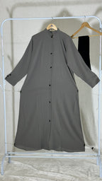 Grey Front Button Abaya – Zoom Fabric with Black Dupatta (Indian Made)