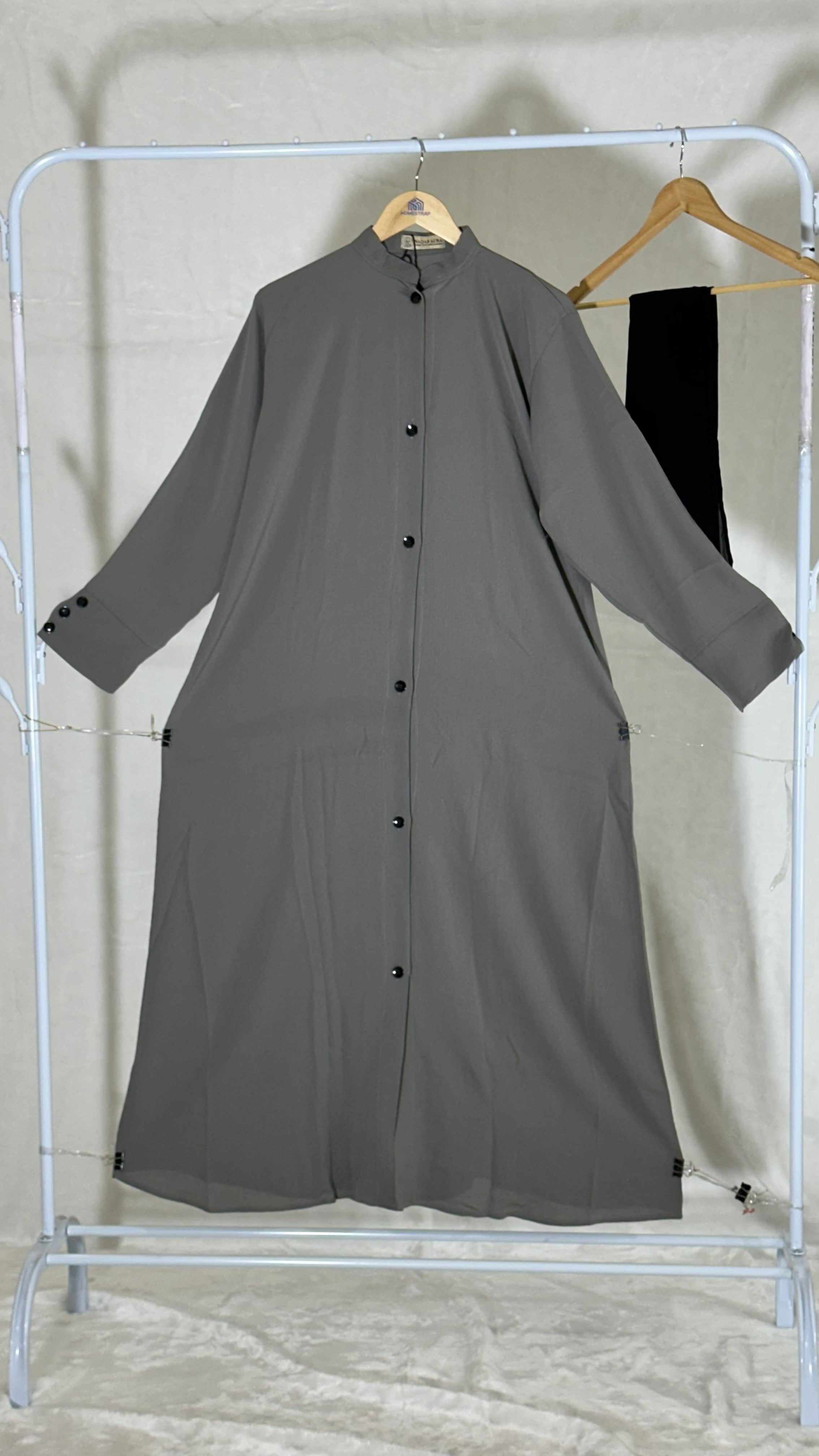 Grey Front Button Abaya – Zoom Fabric with Black Dupatta (Indian Made)