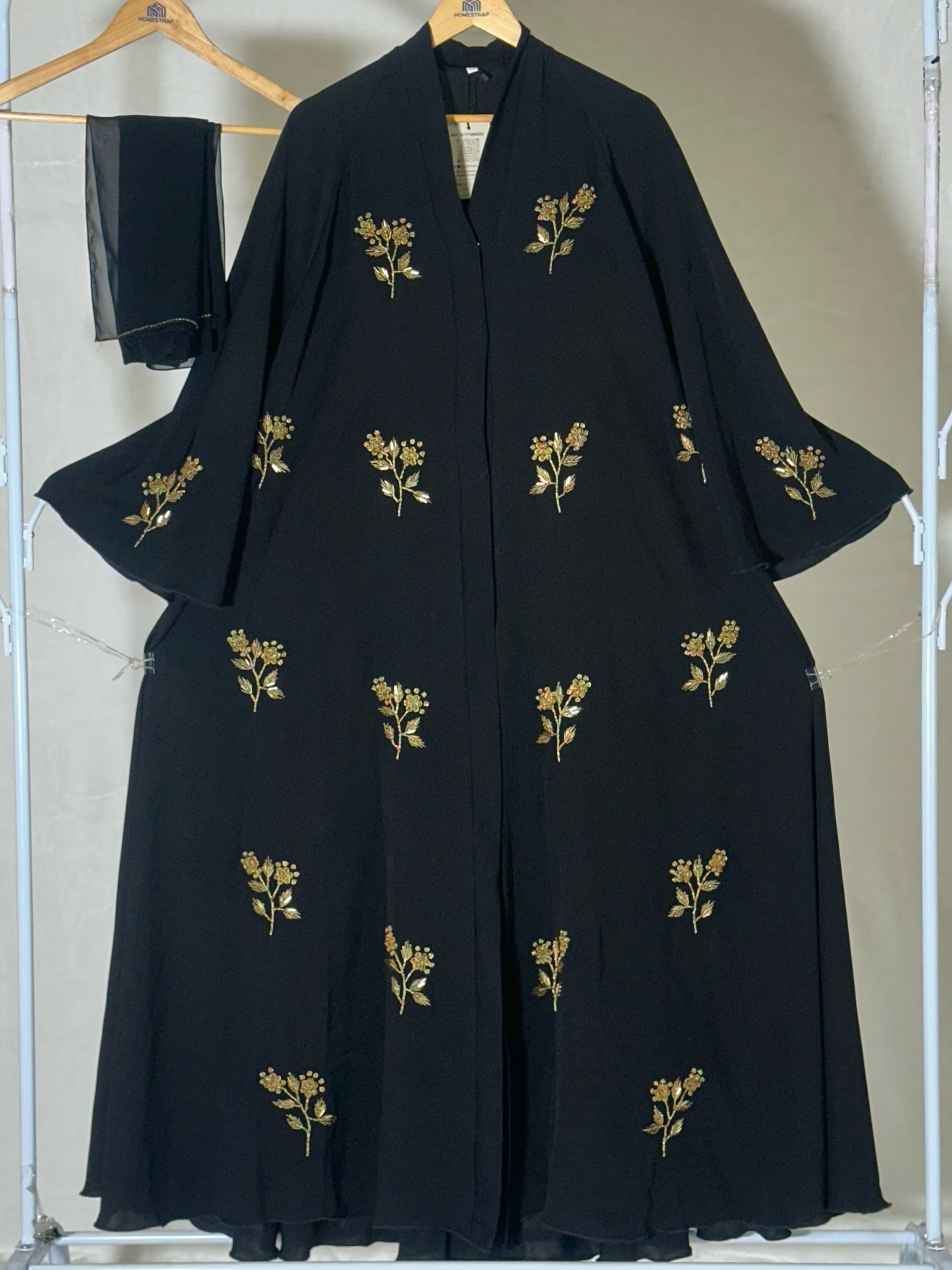 Golden Beaded Floral Handwork Abaya – Full Flare Korean Nida – Front Open with Dupatta