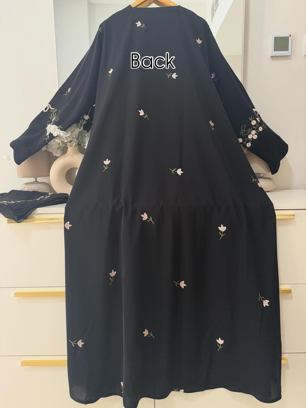 Black Floral Embroidered Abaya – Korean Nida – Front Open with Dupatta