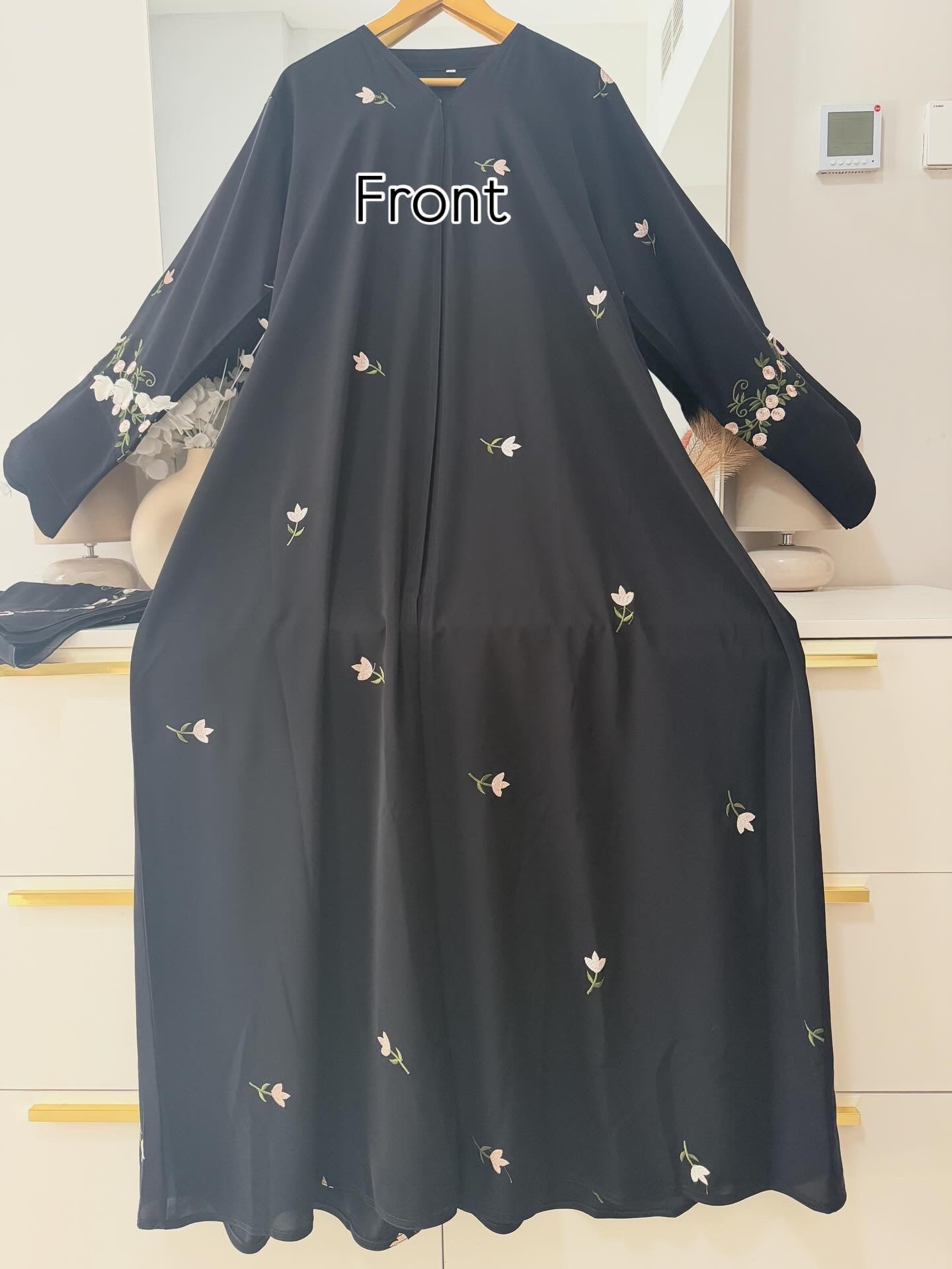 Black Floral Embroidered Abaya – Korean Nida – Front Open with Dupatta