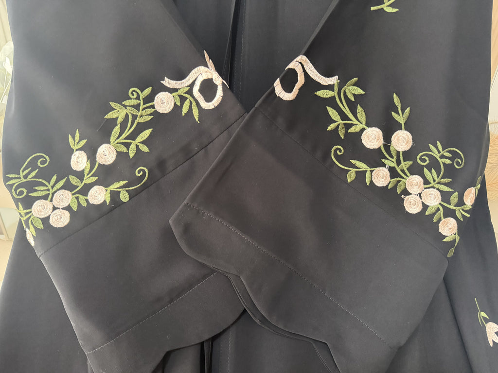 Black Floral Embroidered Abaya – Korean Nida – Front Open with Dupatta