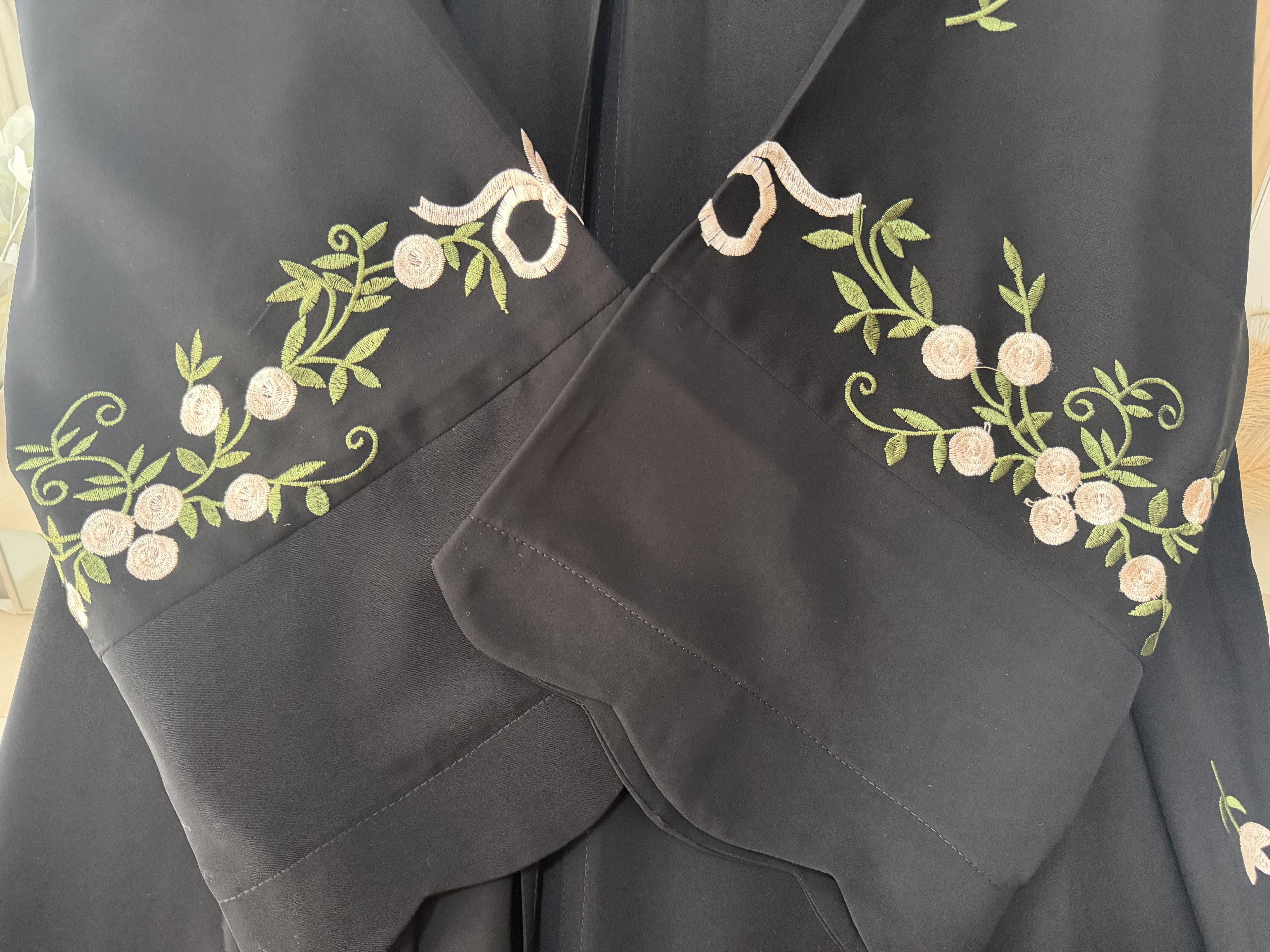 Black Floral Embroidered Abaya – Korean Nida – Front Open with Dupatta