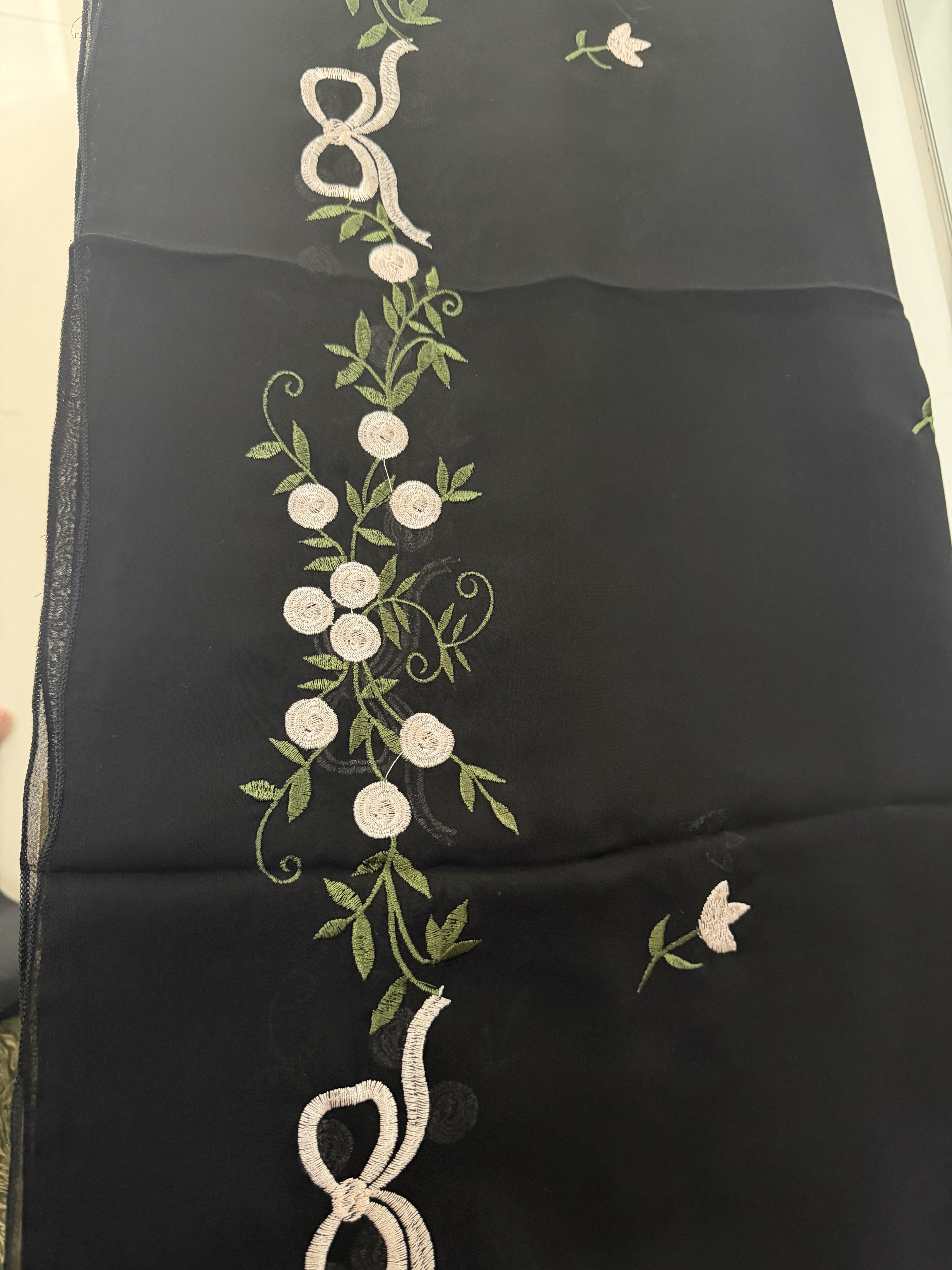 Black Floral Embroidered Abaya – Korean Nida – Front Open with Dupatta