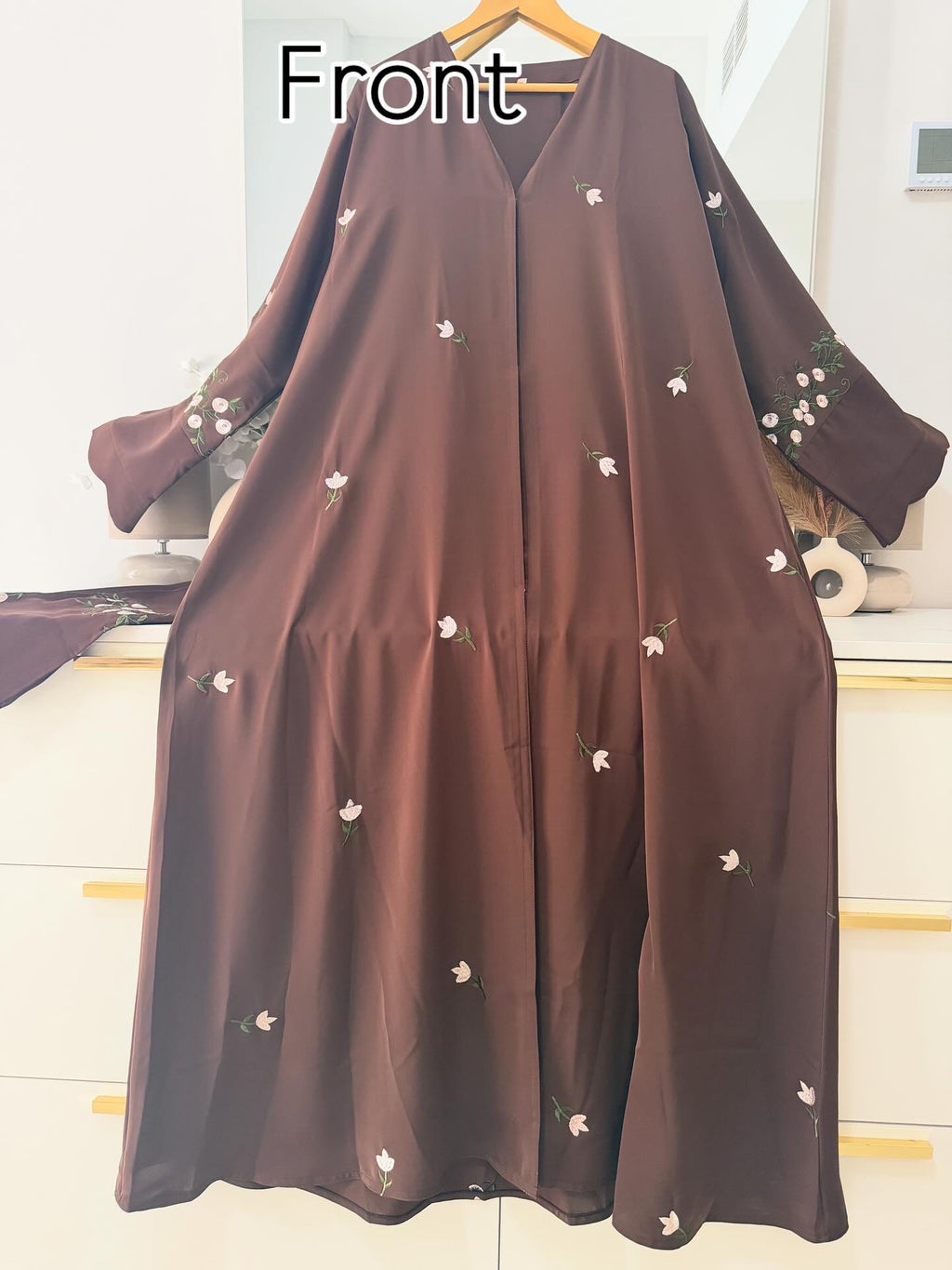 Chocolate Brown Floral Embroidered Abaya – Korean Nida – Front Open with Dupatta