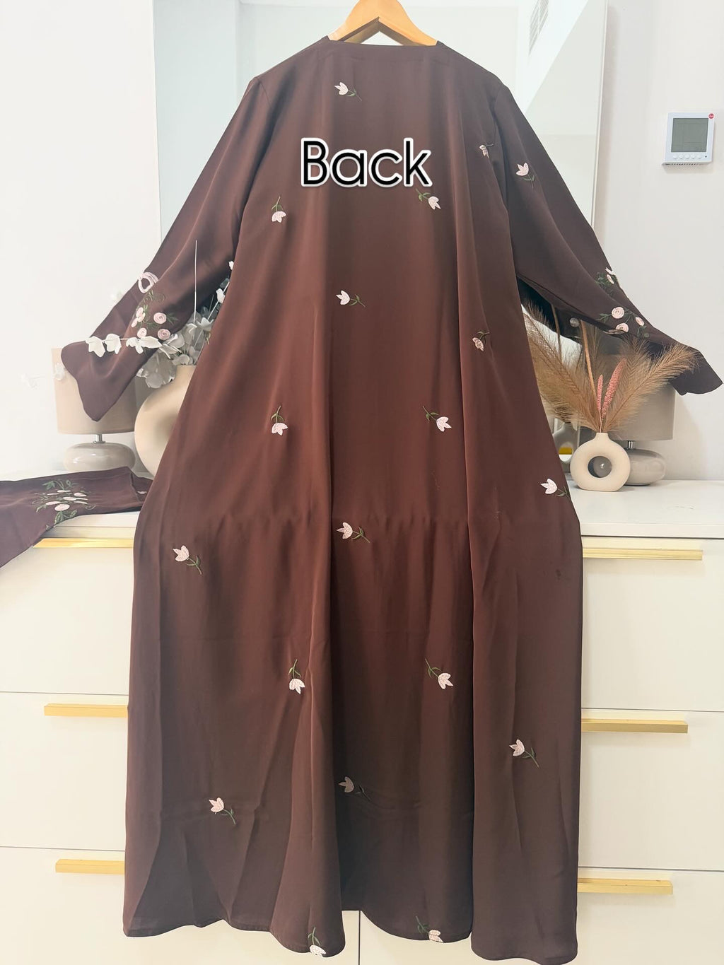 Chocolate Brown Floral Embroidered Abaya – Korean Nida – Front Open with Dupatta