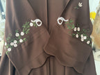Chocolate Brown Floral Embroidered Abaya – Korean Nida – Front Open with Dupatta