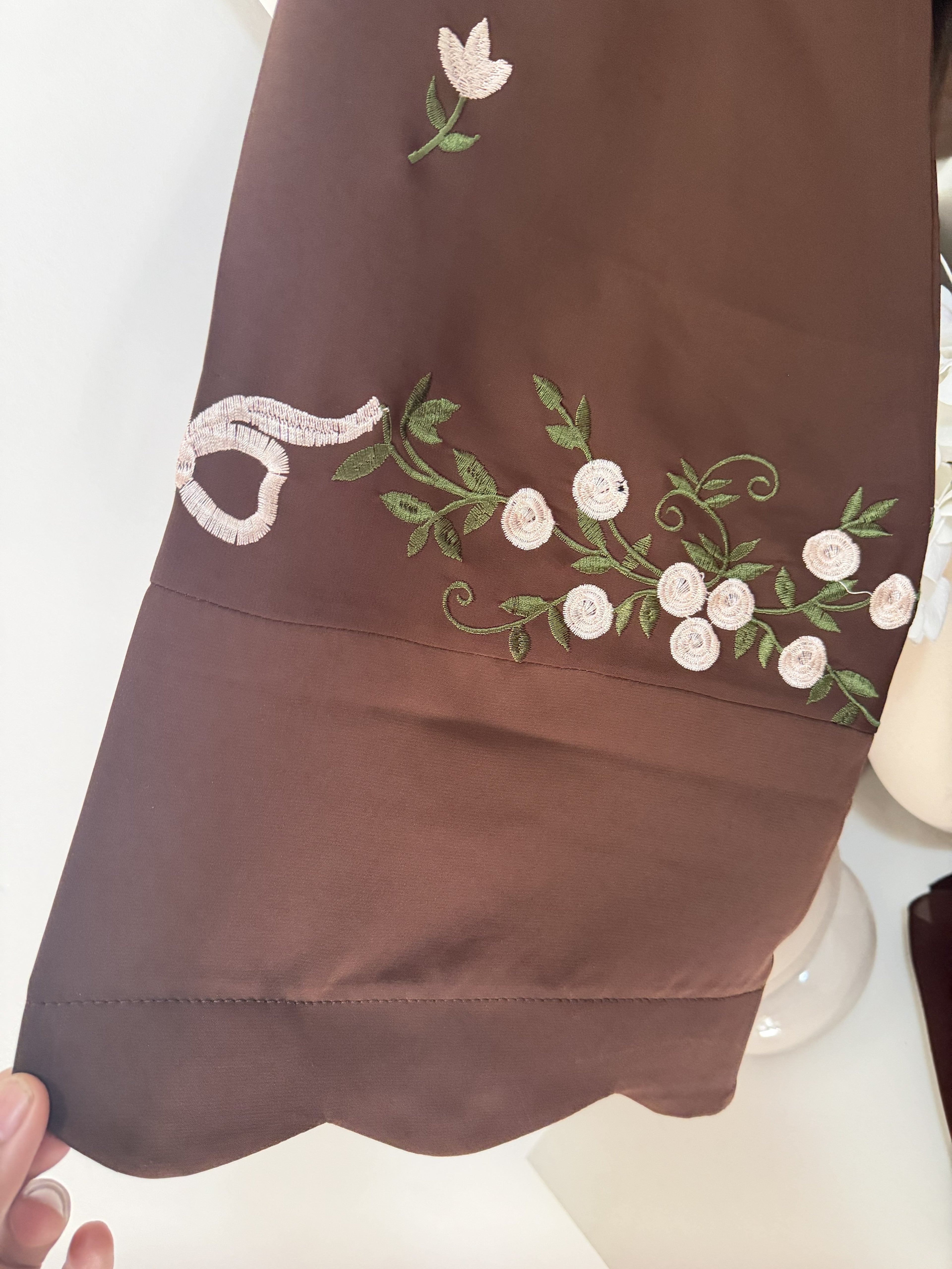 Chocolate Brown Floral Embroidered Abaya – Korean Nida – Front Open with Dupatta