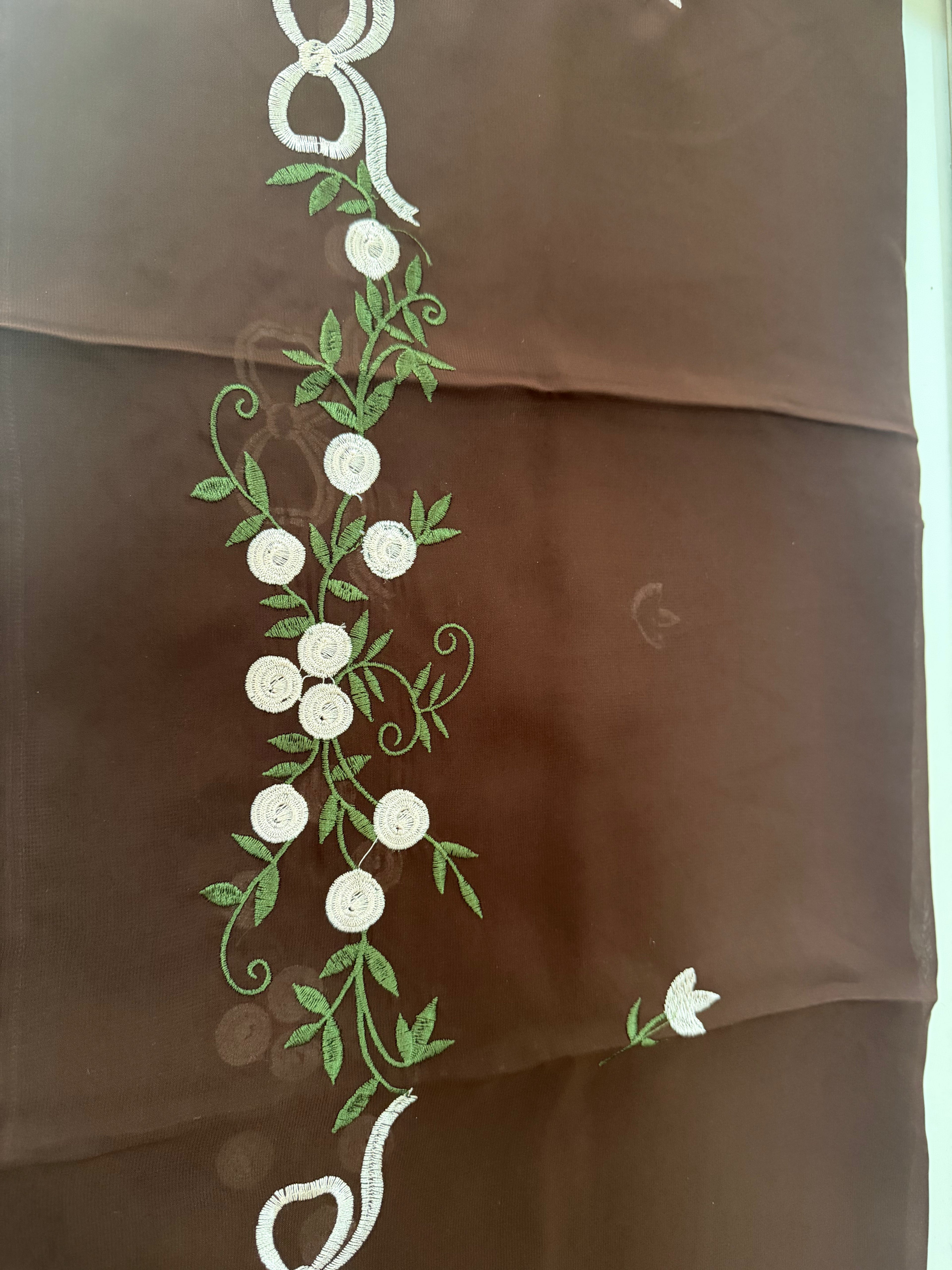 Chocolate Brown Floral Embroidered Abaya – Korean Nida – Front Open with Dupatta