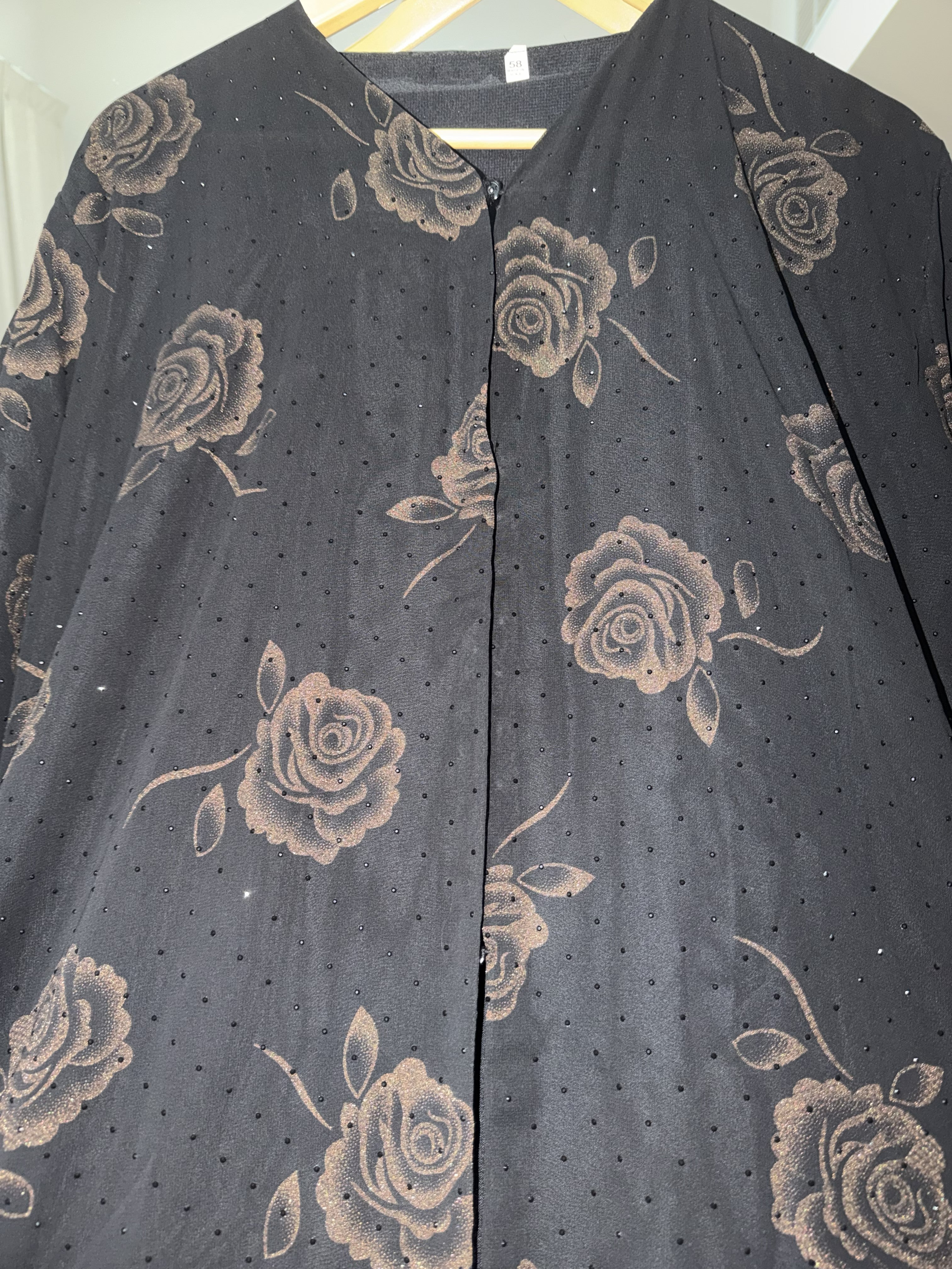 Black Chiffon Front-Open Abaya with Textured Golden Rose Pattern & Matching Dupatta