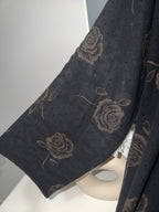 Black Chiffon Front-Open Abaya with Textured Golden Rose Pattern & Matching Dupatta