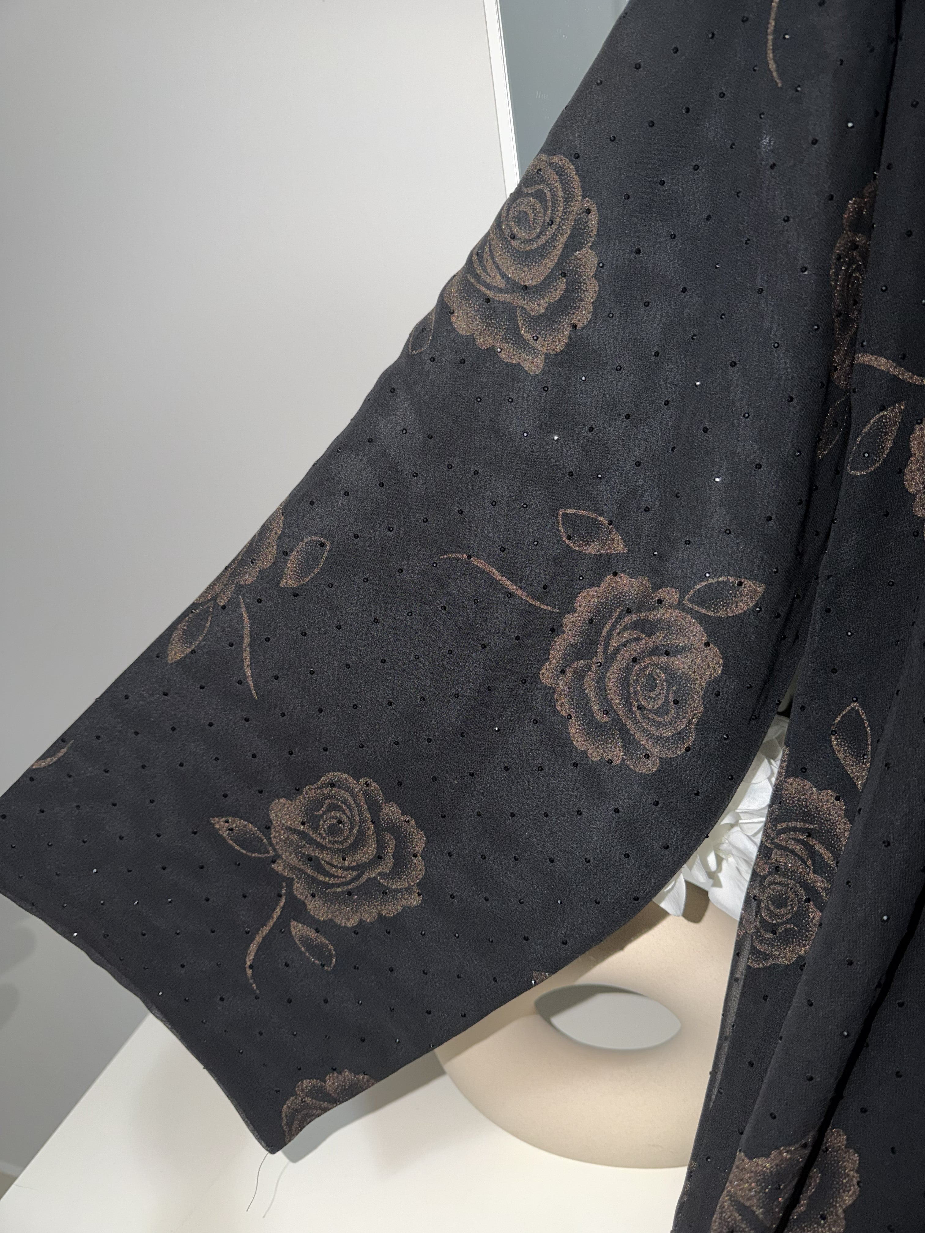 Black Chiffon Front-Open Abaya with Textured Golden Rose Pattern & Matching Dupatta