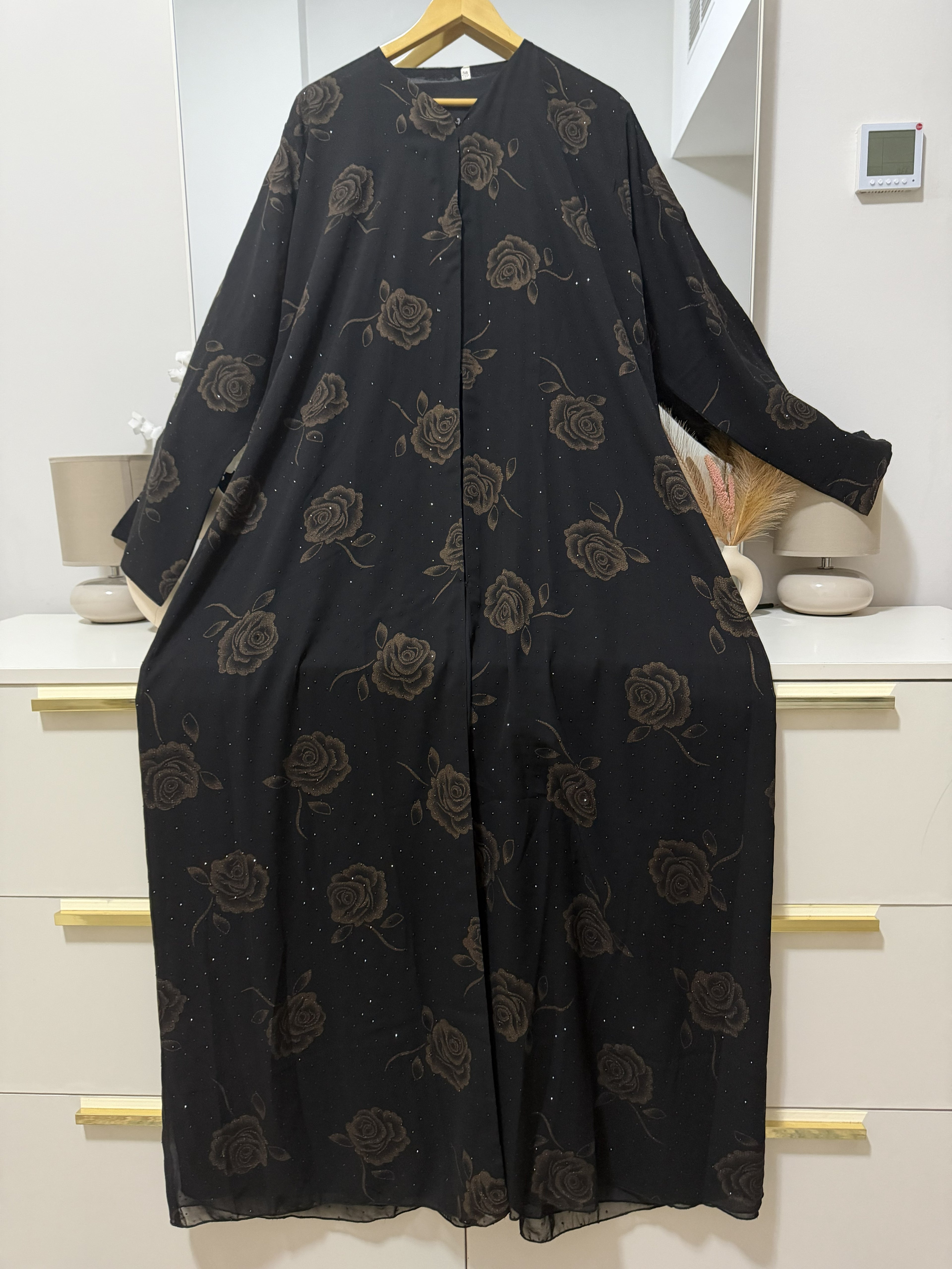 Black Chiffon Front-Open Abaya with Textured Golden Rose Pattern & Matching Dupatta