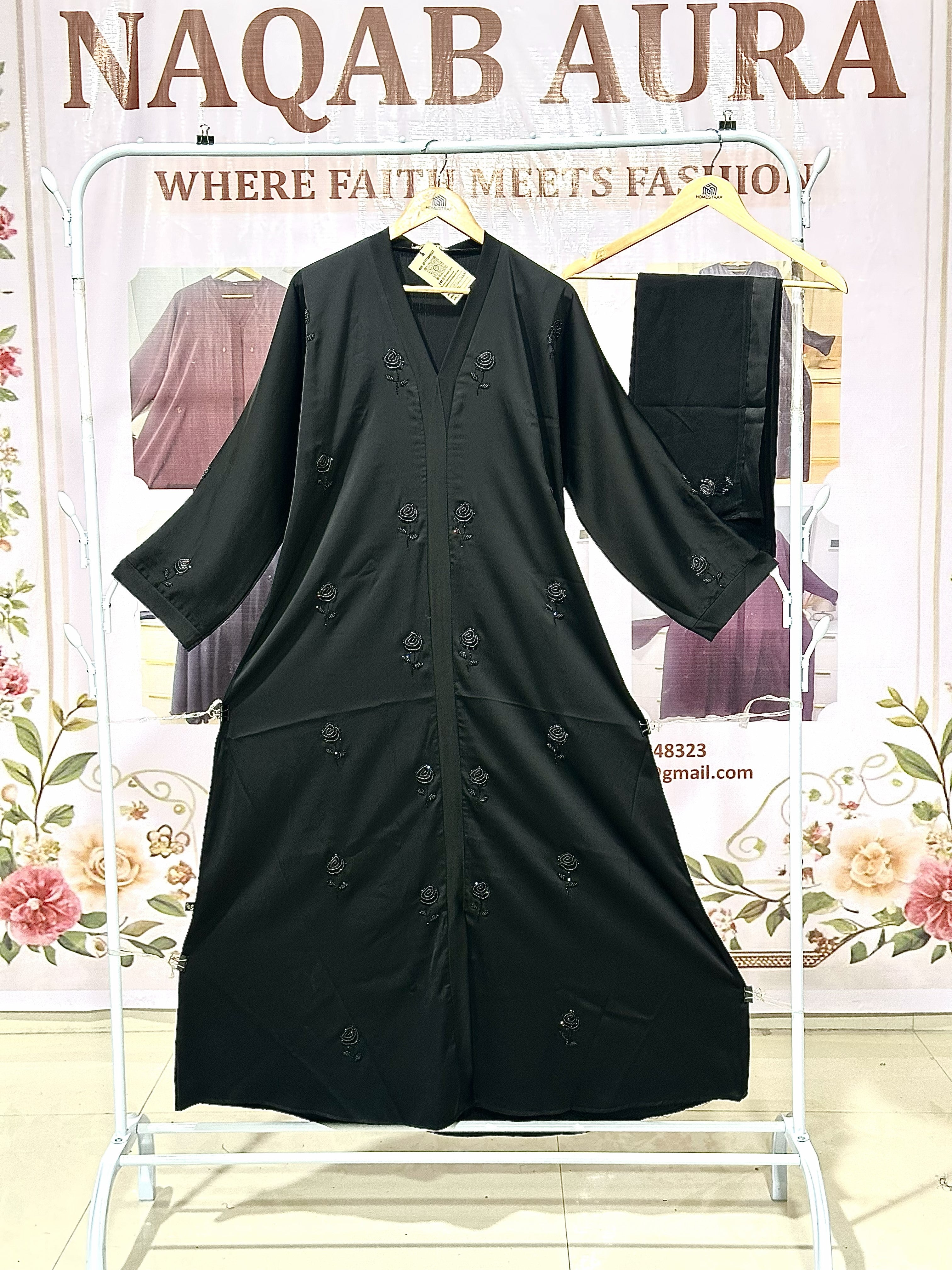Black Floral Embellished Abaya – Elegant Modest Wear | Indian Made