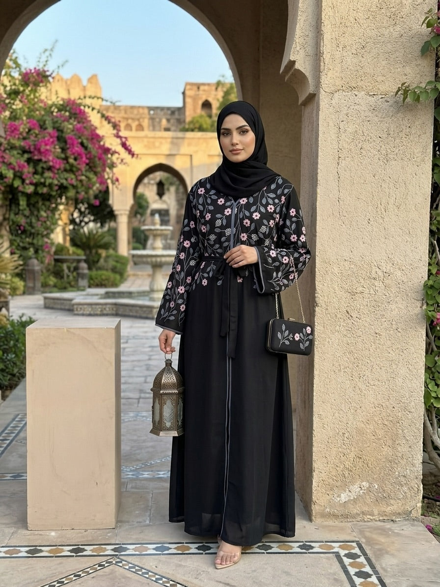 Black Floral Embroidered Abaya with Matching Hijab – Imported Nida Fabric | Indian Made