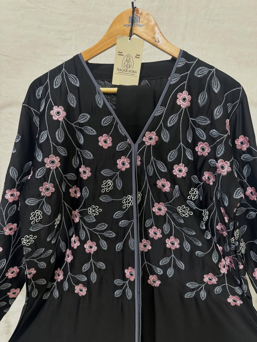 Black Floral Embroidered Abaya with Matching Hijab – Imported Nida Fabric | Indian Made