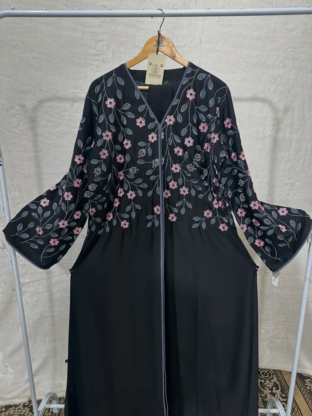 Black Floral Embroidered Abaya with Matching Hijab – Imported Nida Fabric | Indian Made