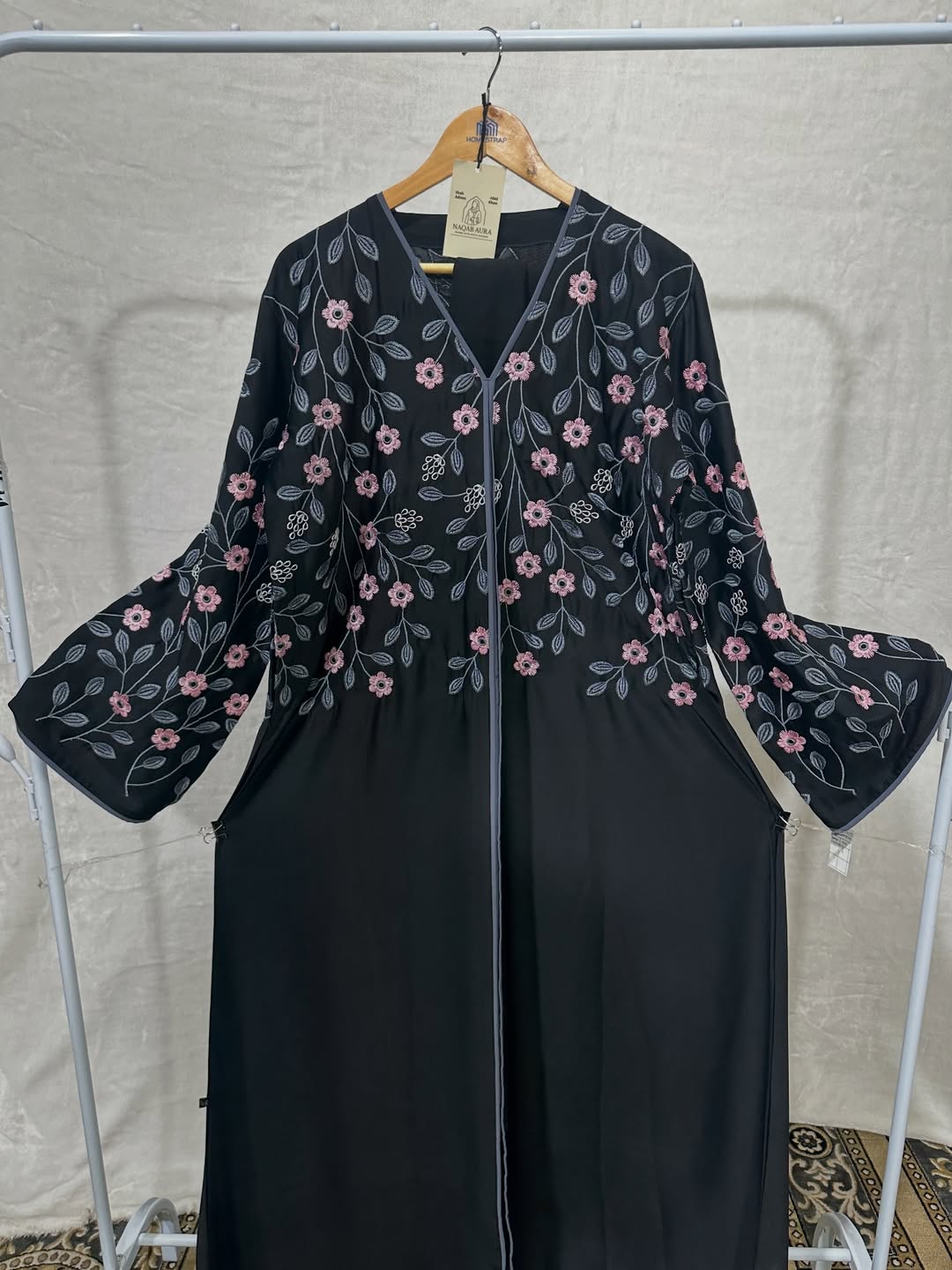 Black Floral Embroidered Abaya with Matching Hijab – Imported Nida Fabric | Indian Made