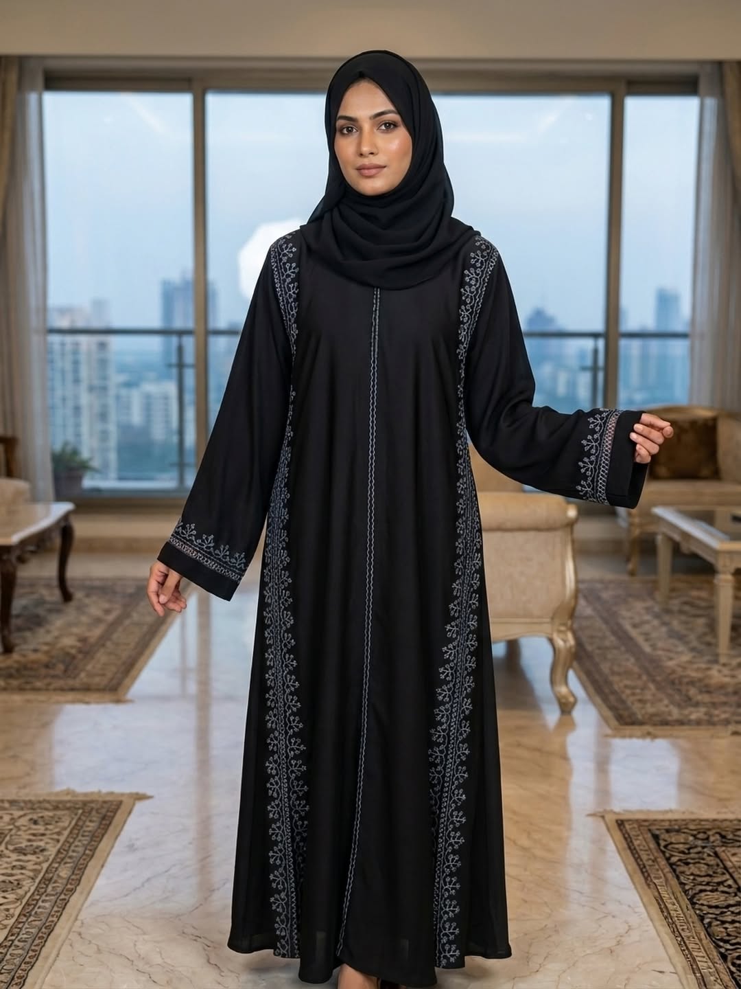 Black Embroidered Dubai Style Abaya with Matching Hijab – Imported Nida Fabric | Indian Made