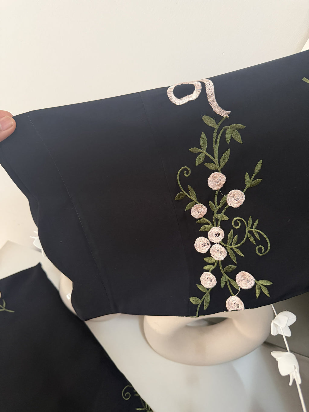 Black Floral Embroidered Abaya – Korean Nida – Front Open with Dupatta