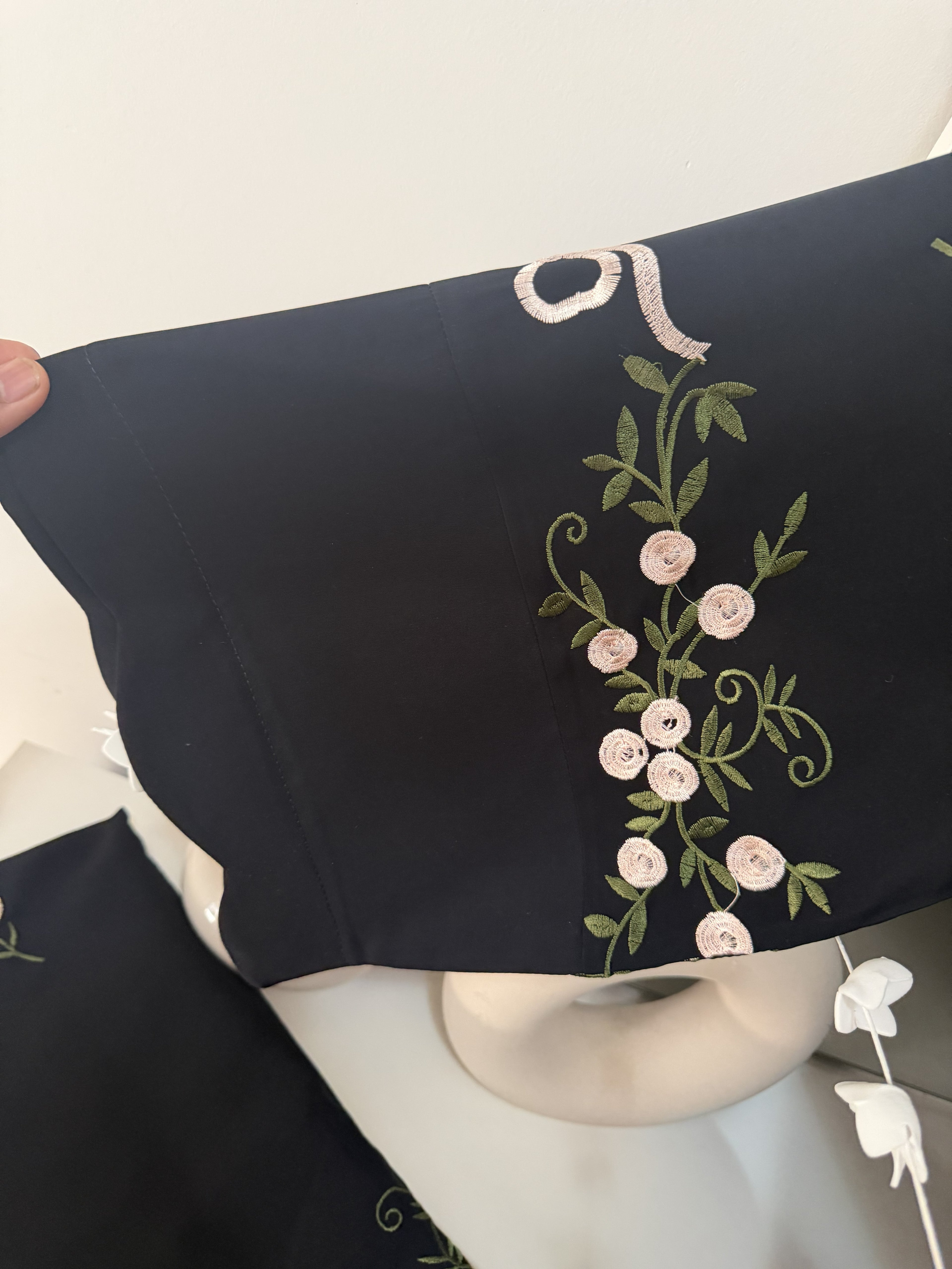 Black Floral Embroidered Abaya – Korean Nida – Front Open with Dupatta