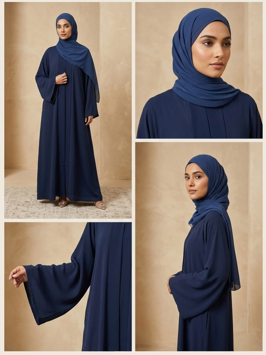 Navy Blue Plain Abaya – Korean Nida – Front Open with Dupatta